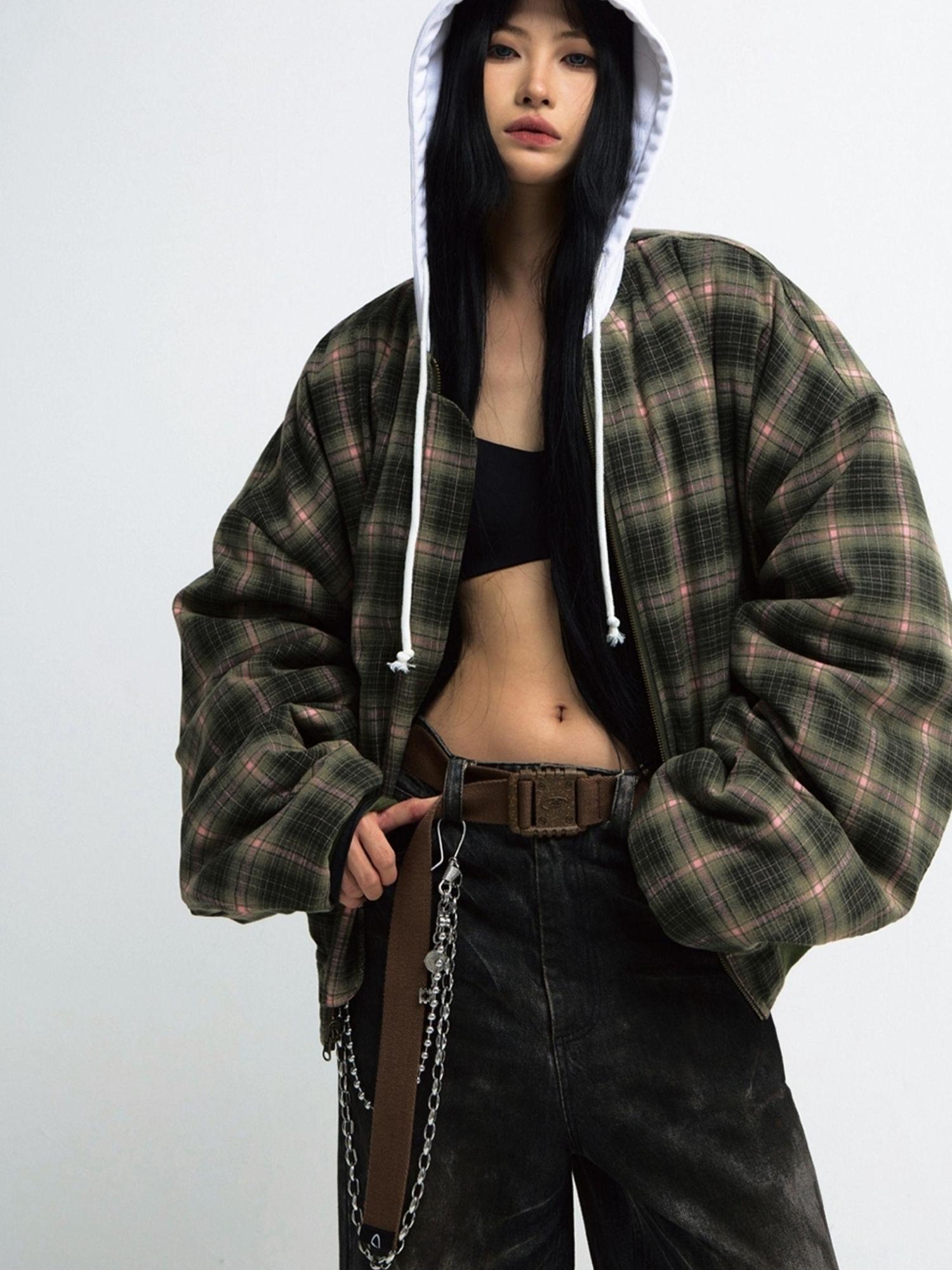 PEOPLESENSE Double Sided Checkered Detachable Hooded Padded Coat