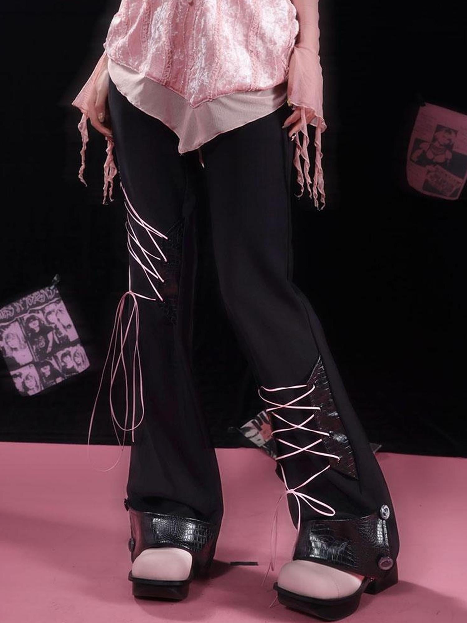 WSW WUSHENWU Double Strap Silk Flared Pants With Pleats