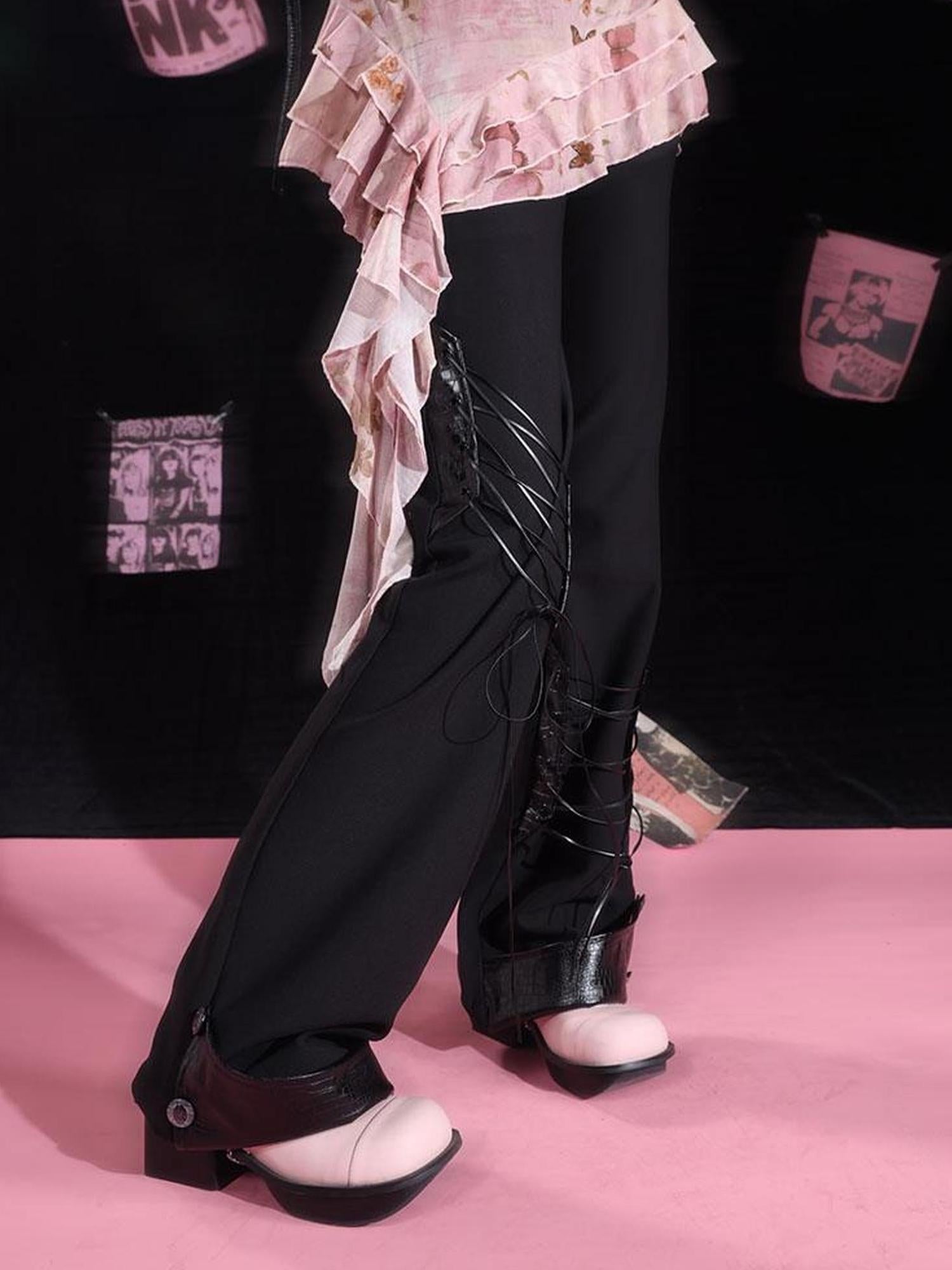 WSW WUSHENWU Double Strap Silk Flared Pants With Pleats