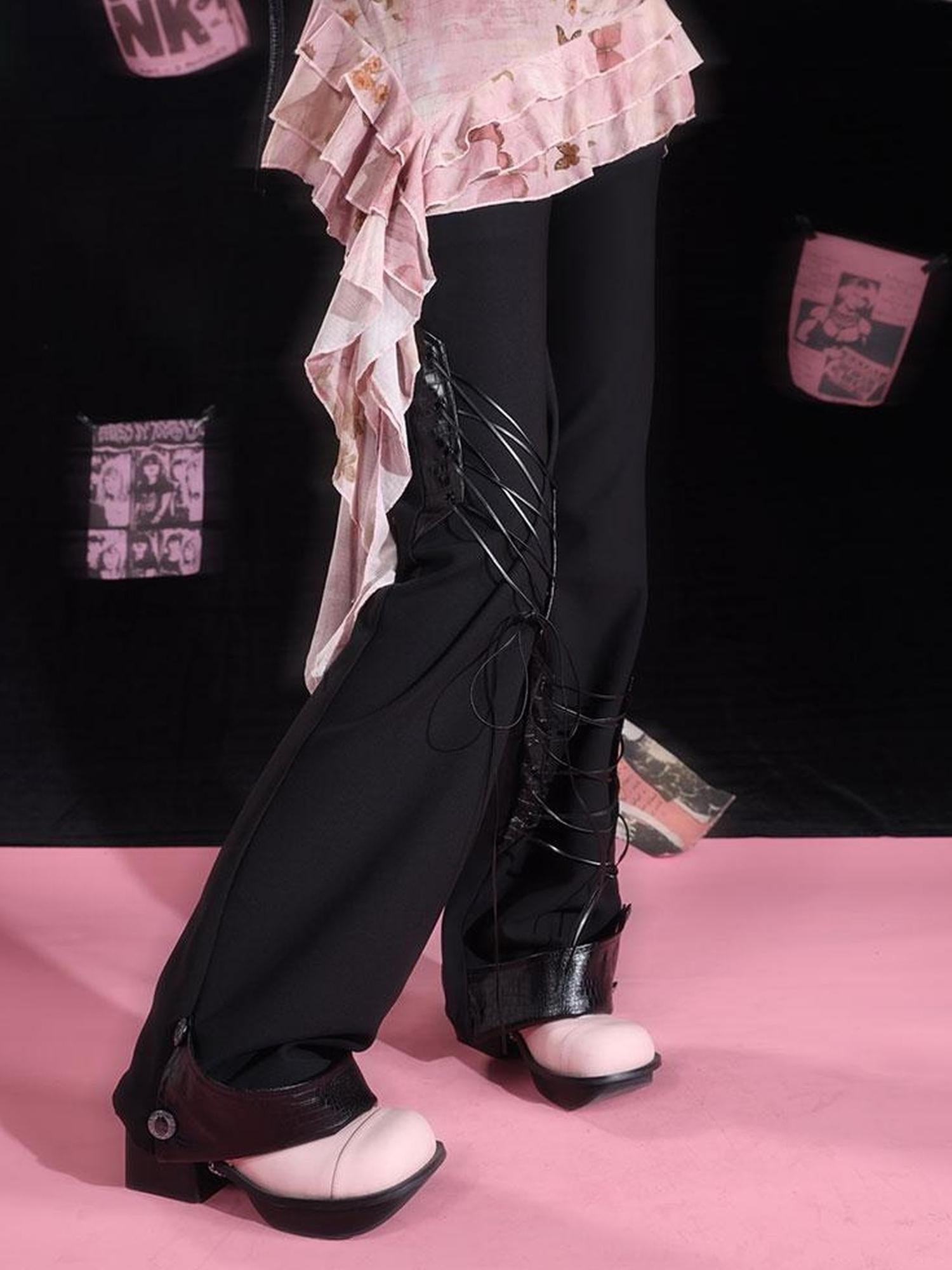 WSW WUSHENWU Double Strap Silk Flared Pants With Pleats