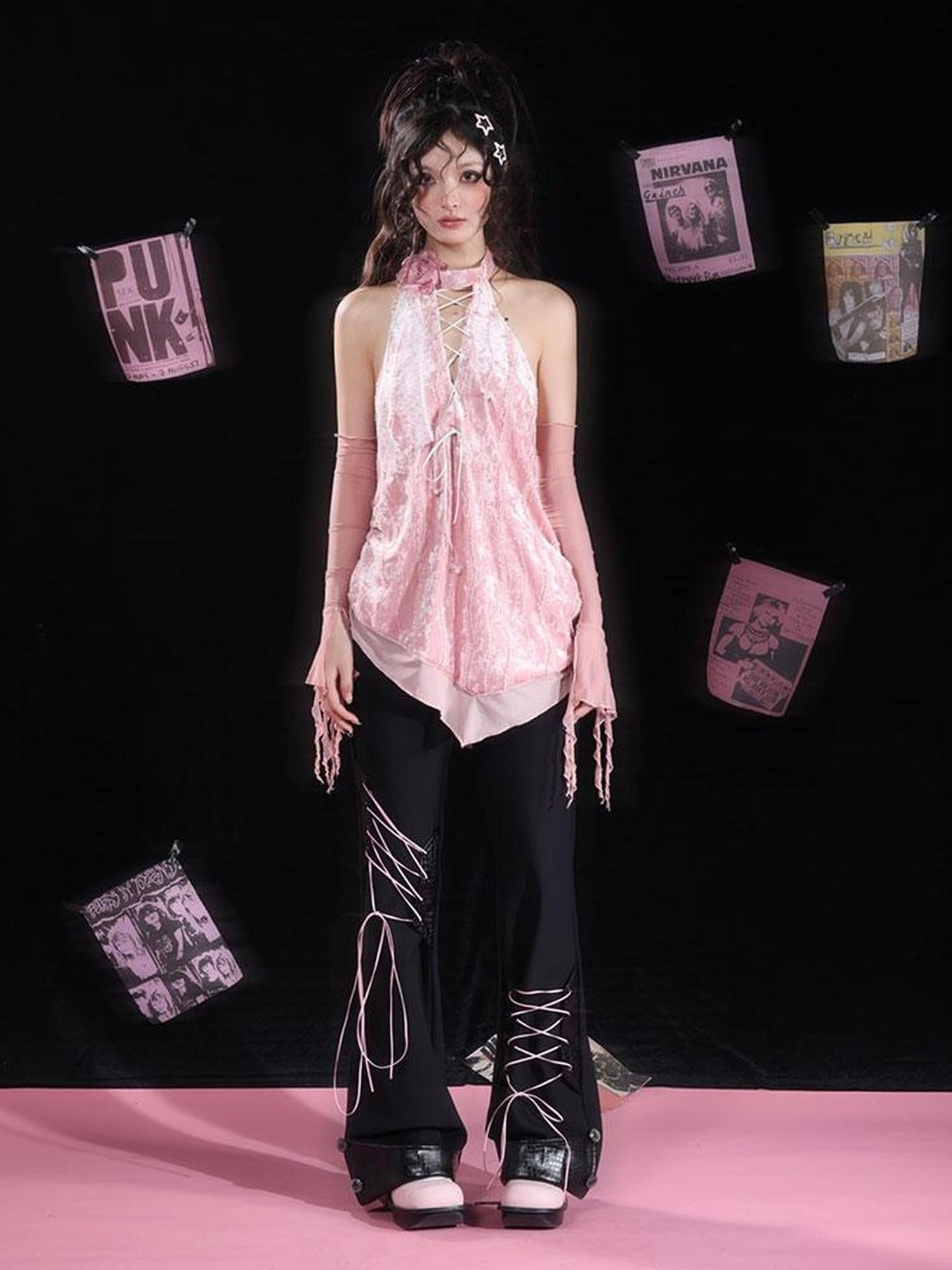 WSW WUSHENWU Double Strap Silk Flared Pants With Pleats