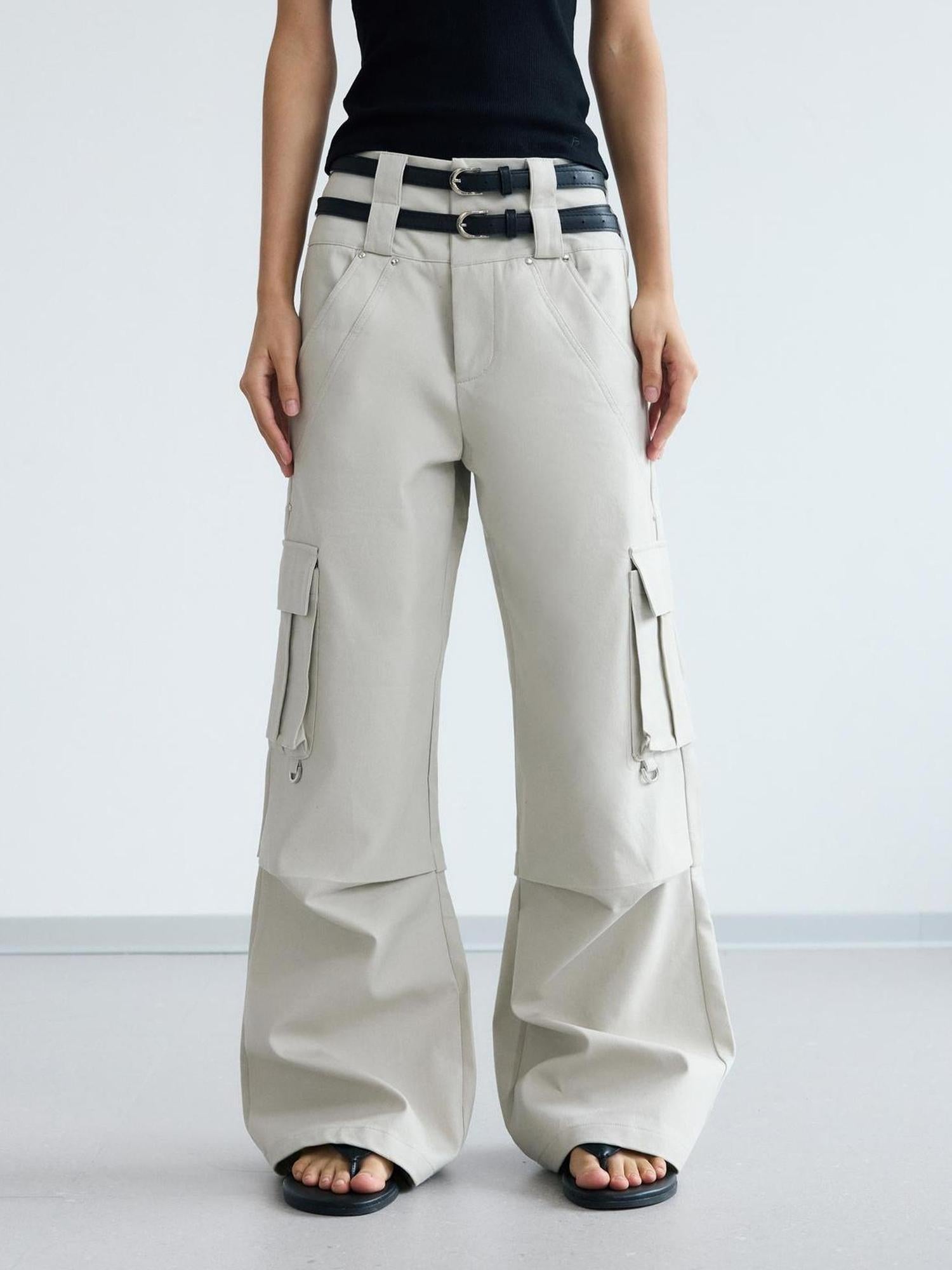 Peoplesense Double Waist Cargo Pants Black White Unisex Vintage Fit