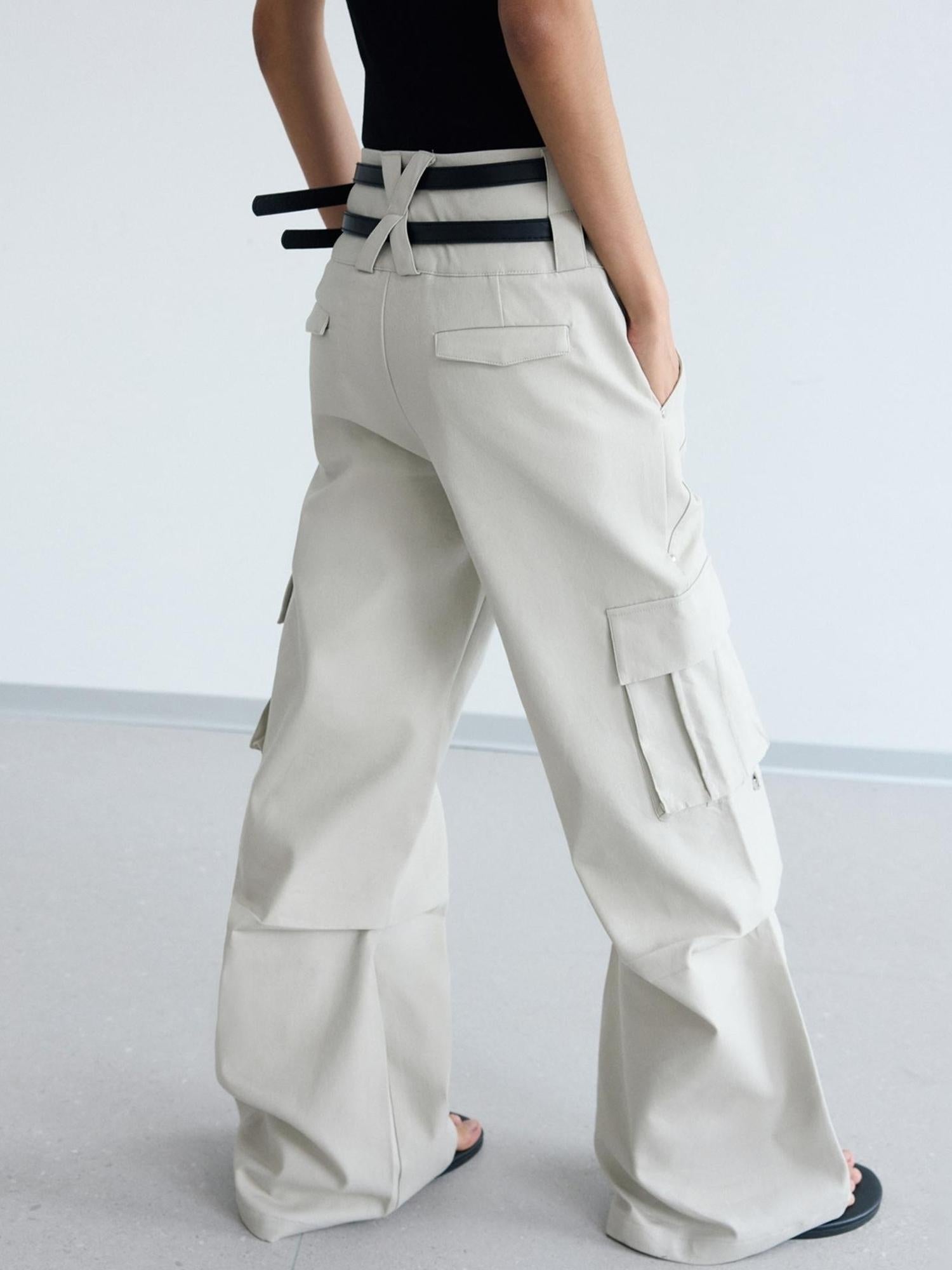 Peoplesense Double Waist Cargo Pants Black White Unisex Vintage Fit