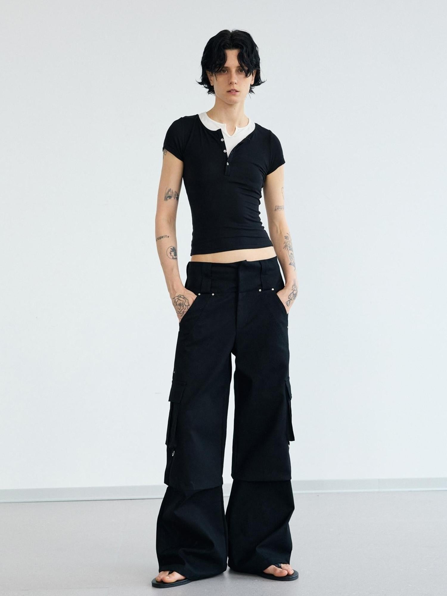 Peoplesense Double Waist Cargo Pants Black White Unisex Vintage Fit