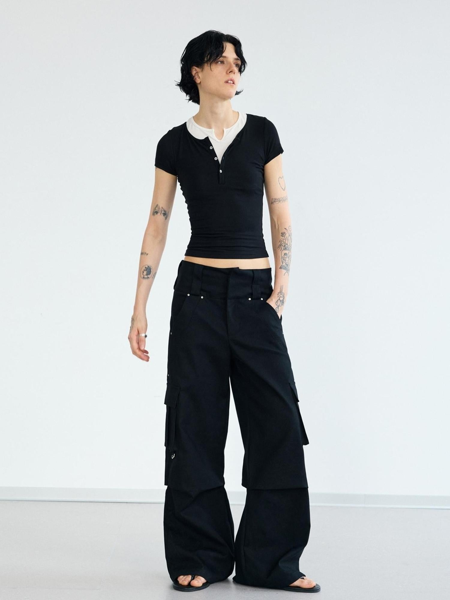 Peoplesense Double Waist Cargo Pants Black White Unisex Vintage Fit