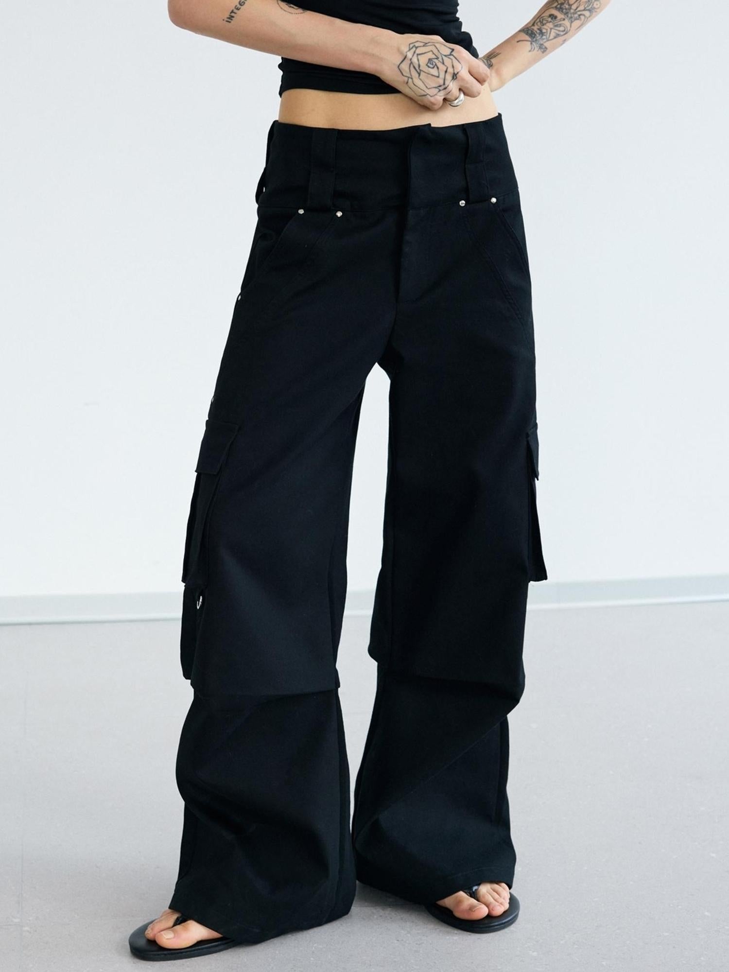 Peoplesense Double Waist Cargo Pants Black White Unisex Vintage Fit