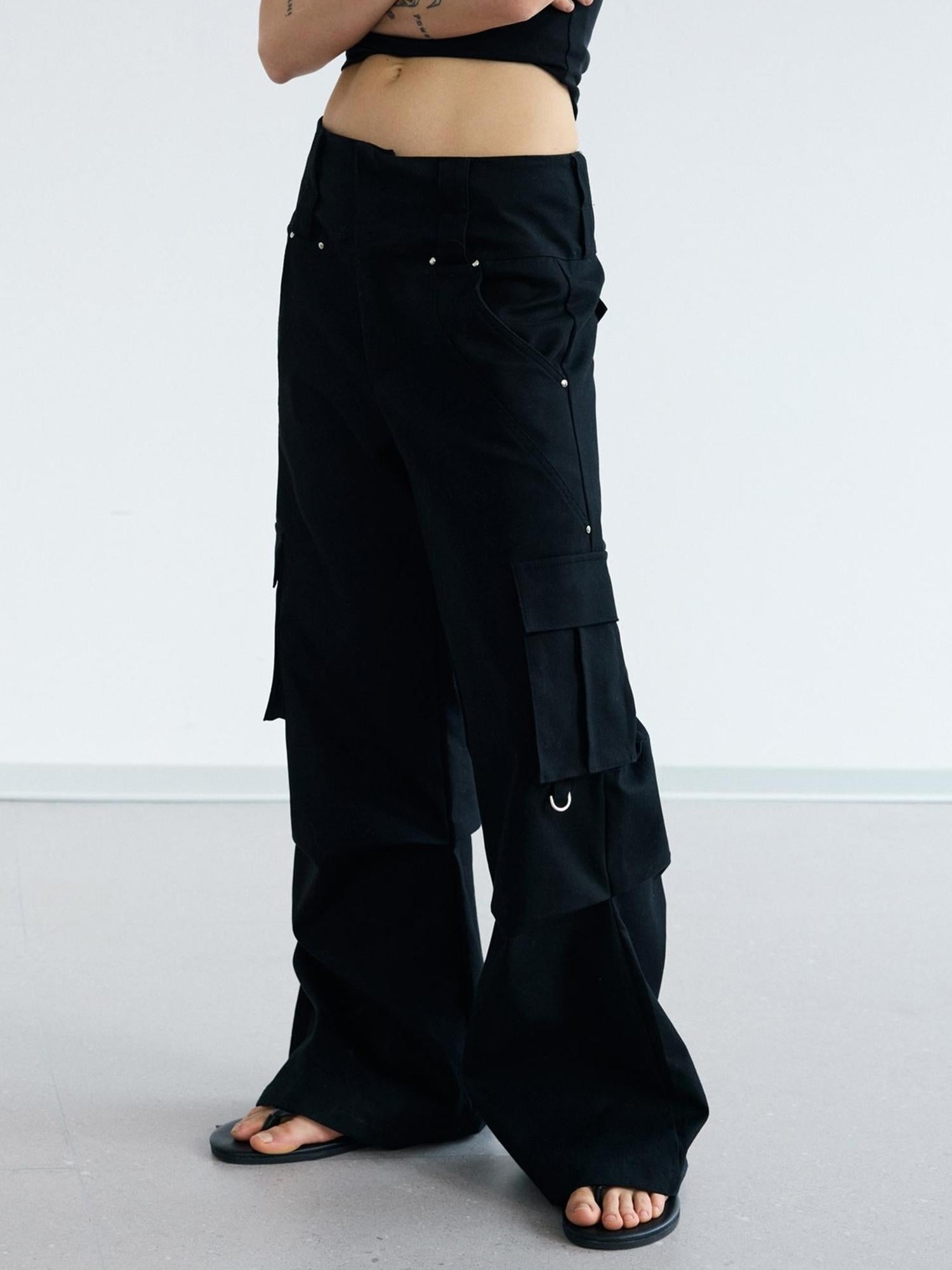 Peoplesense Double Waist Cargo Pants Black White Unisex Vintage Fit