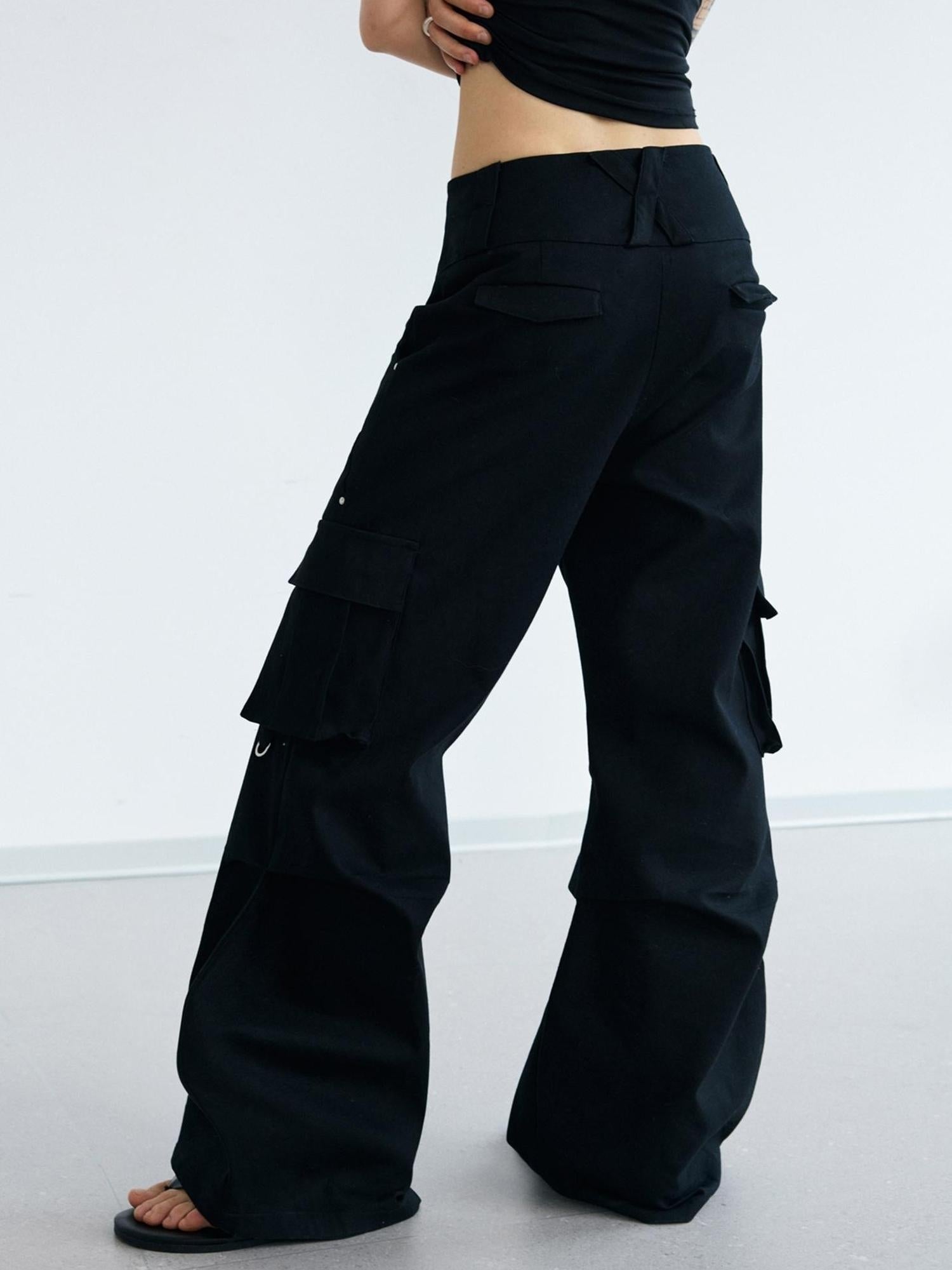 Peoplesense Double Waist Cargo Pants Black White Unisex Vintage Fit