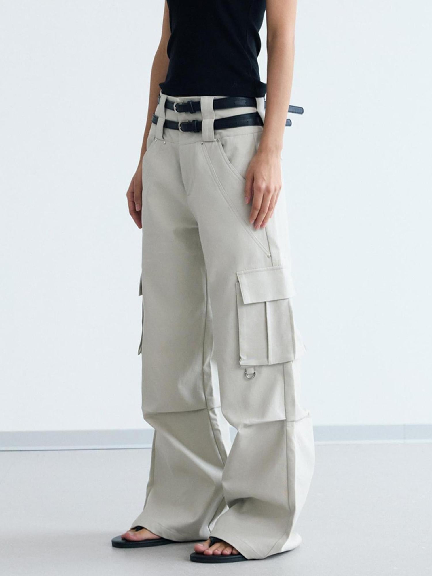 Peoplesense Double Waist Cargo Pants Black White Unisex Vintage Fit
