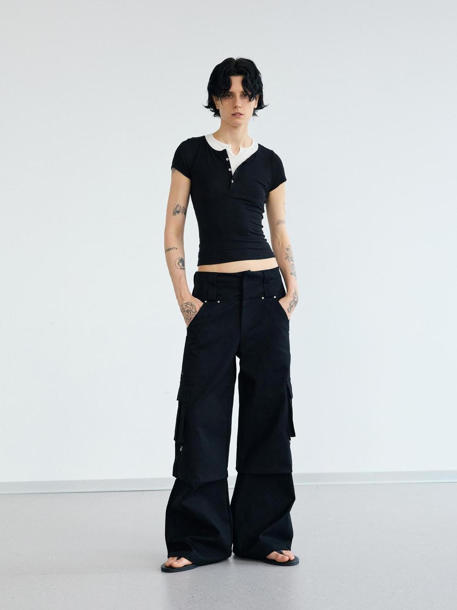 Peoplesense Double Waist Cargo Pants Black White Unisex Vintage Fit