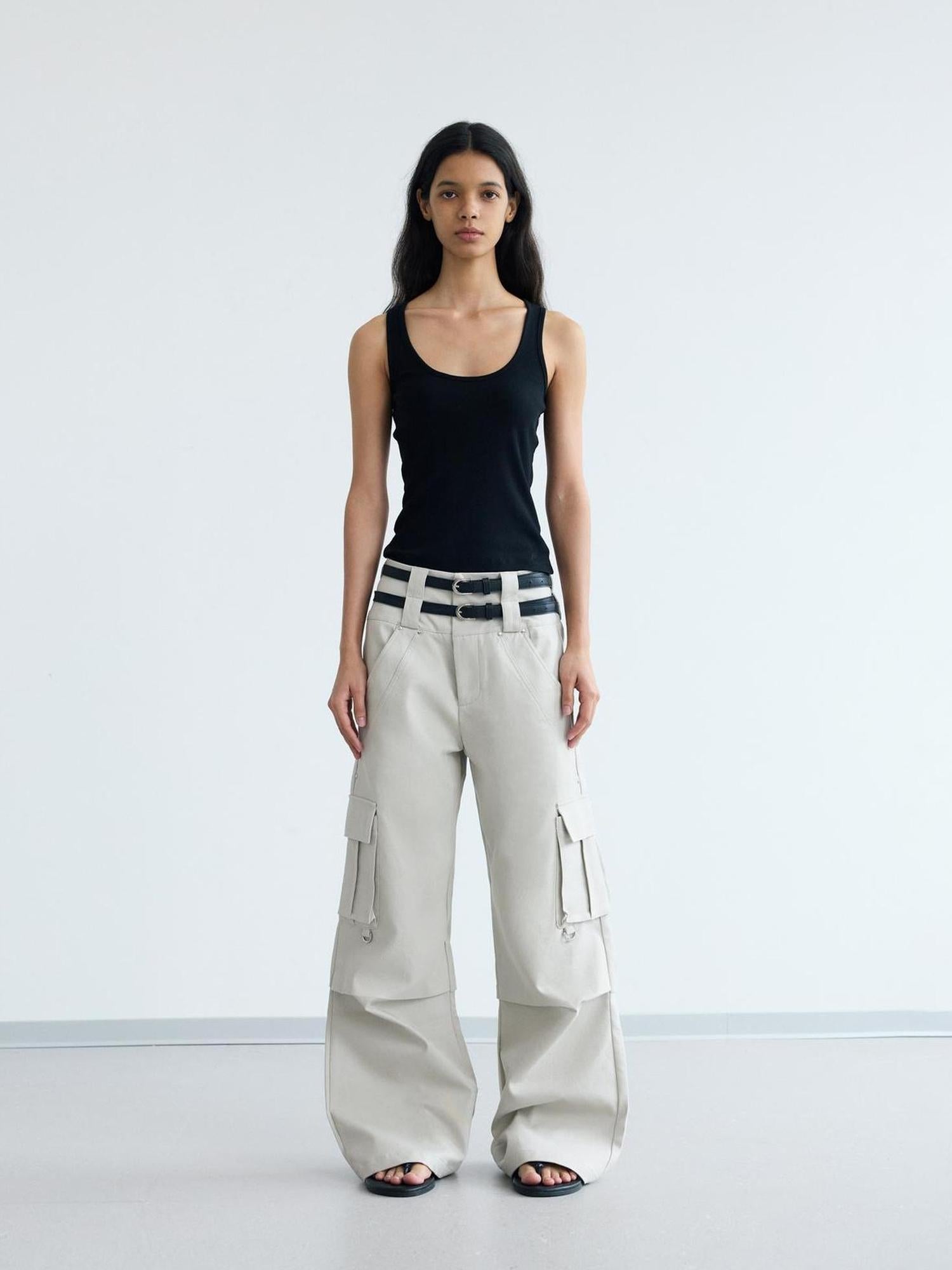 Peoplesense Double Waist Cargo Pants Black White Unisex Vintage Fit