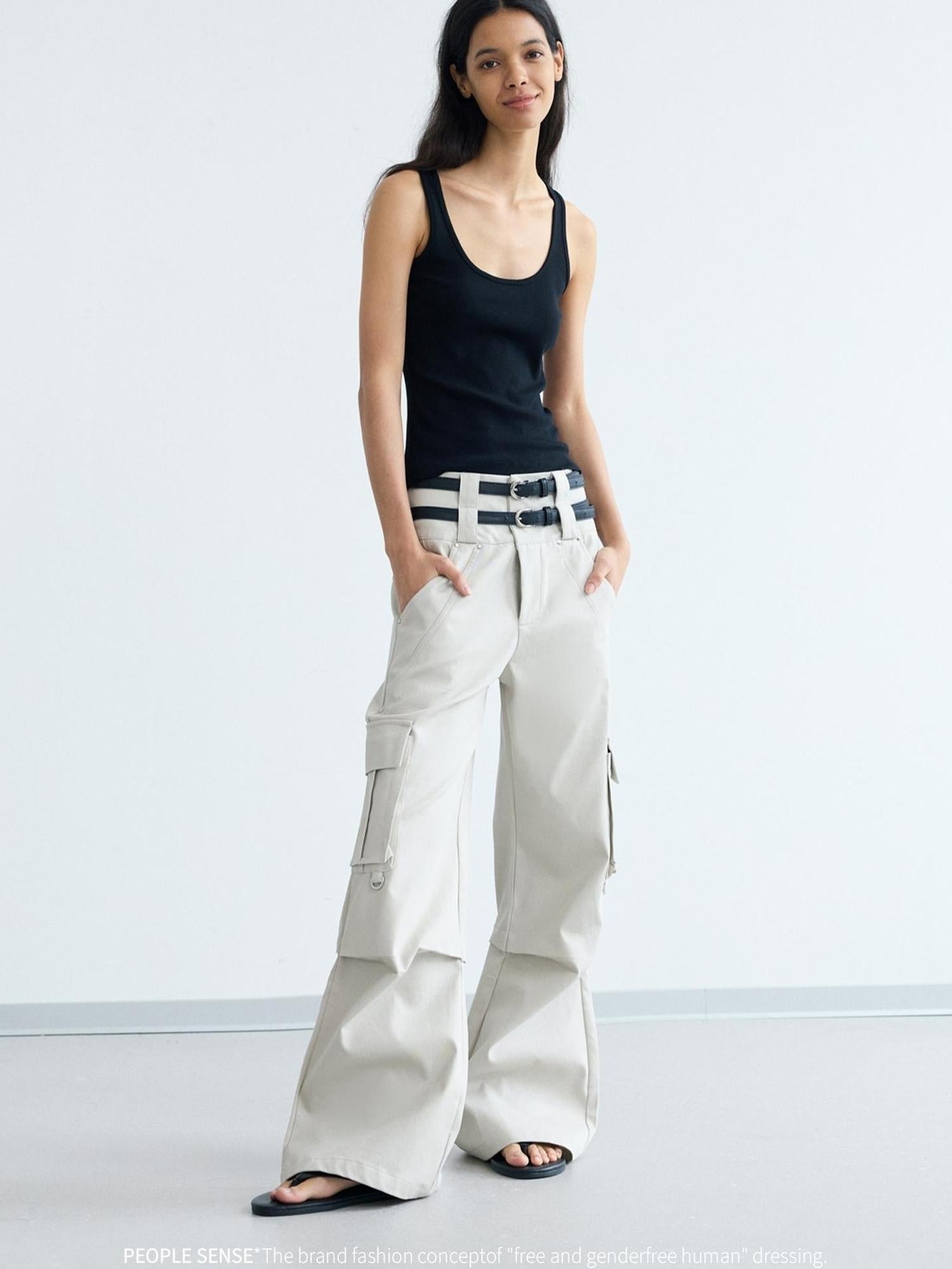 Peoplesense Double Waist Cargo Pants Black White Unisex Vintage Fit