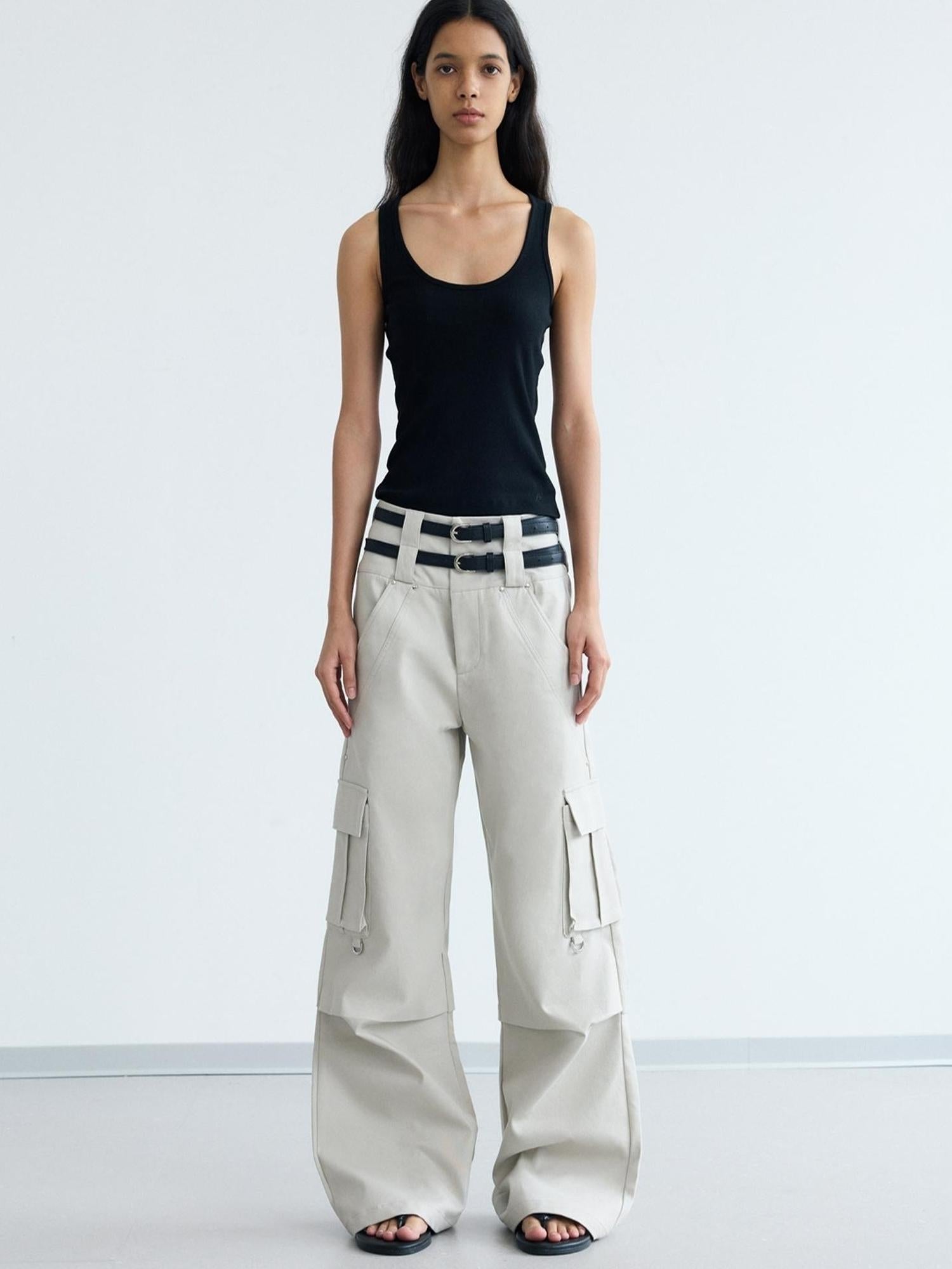 Peoplesense Double Waist Cargo Pants Black White Unisex Vintage Fit