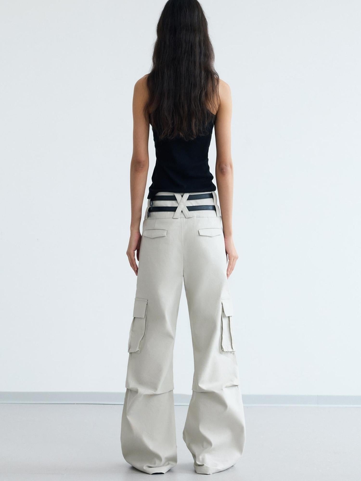 Peoplesense Double Waist Cargo Pants Black White Unisex Vintage Fit