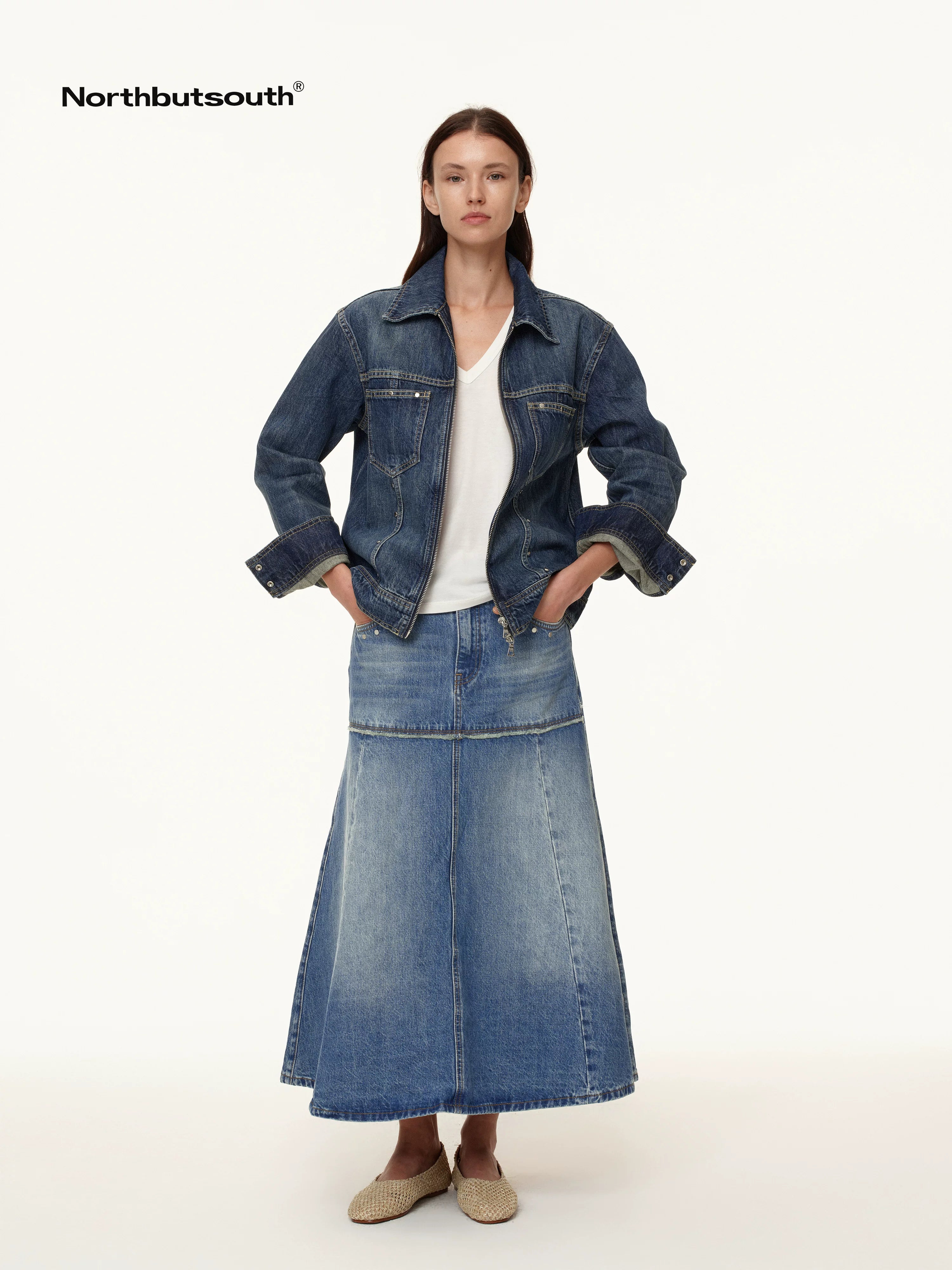 Double Zip Rivet Denim Jacket With Paris Button