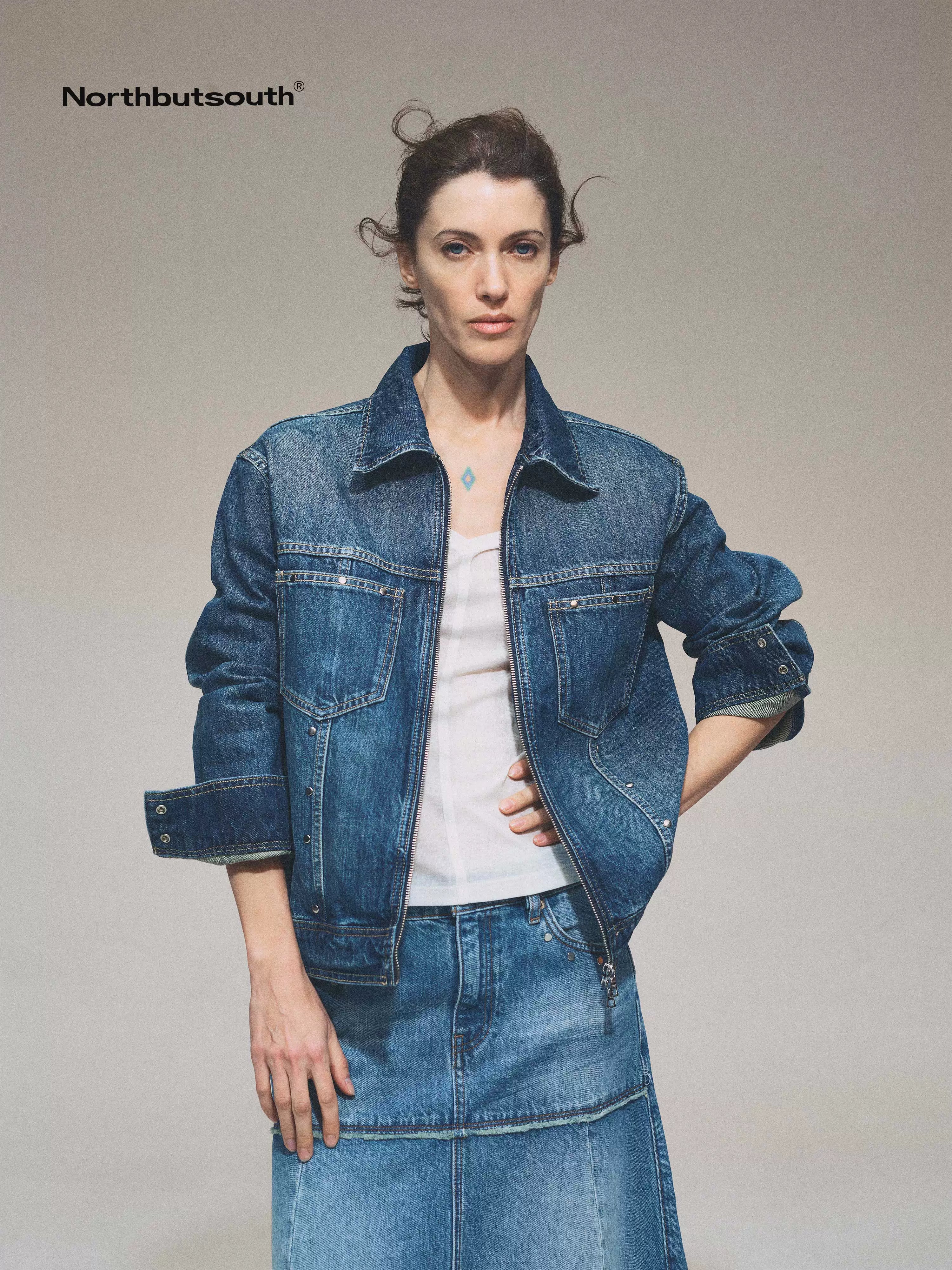 Double Zip Rivet Denim Jacket With Paris Button