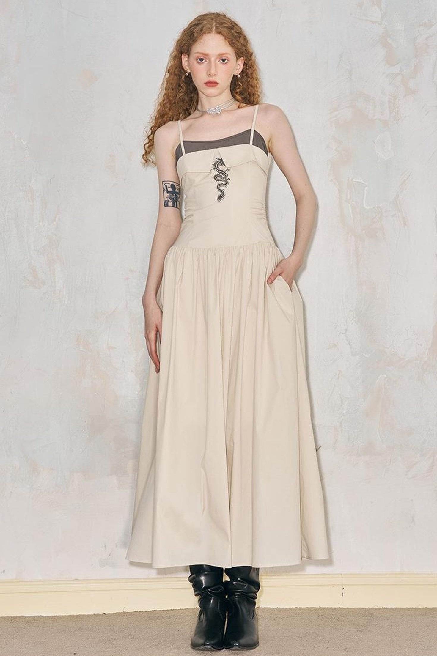 DIDDI MODA Dragon Print Fold Front Colorblock Maxi Dress