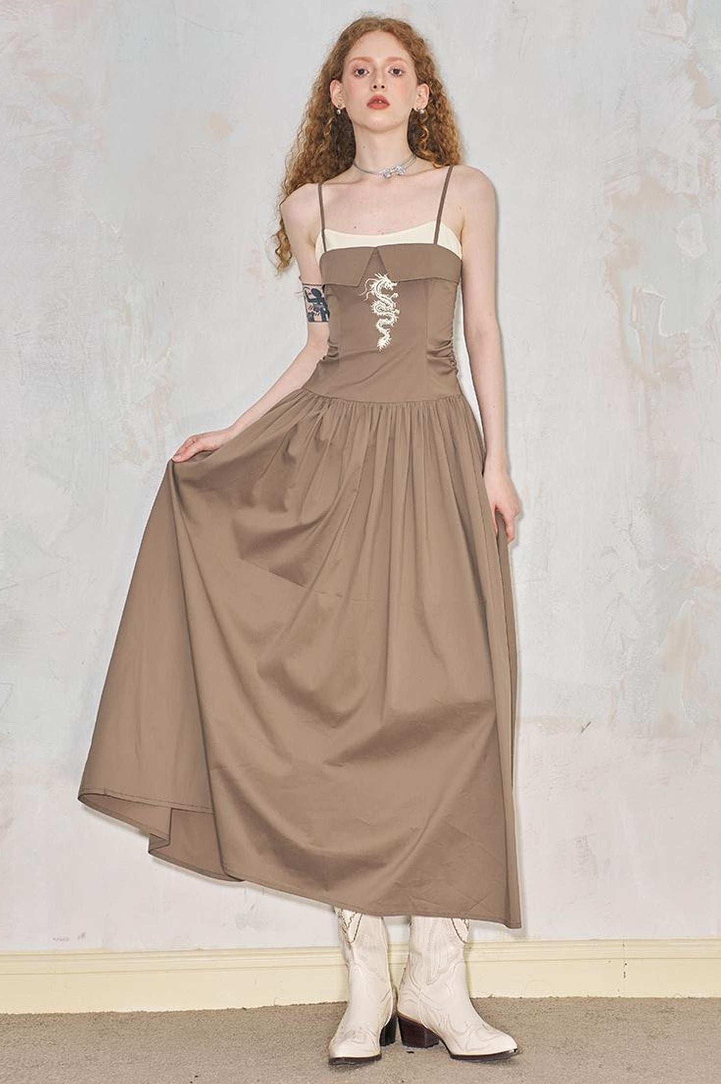 DIDDI MODA Dragon Print Fold Front Colorblock Maxi Dress