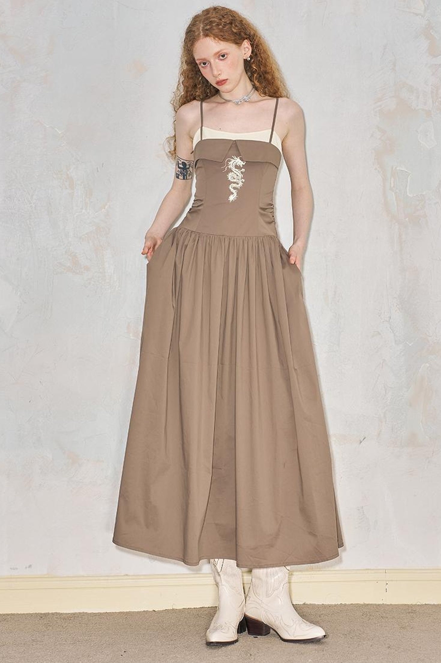 DIDDI MODA Dragon Print Fold Front Colorblock Maxi Dress