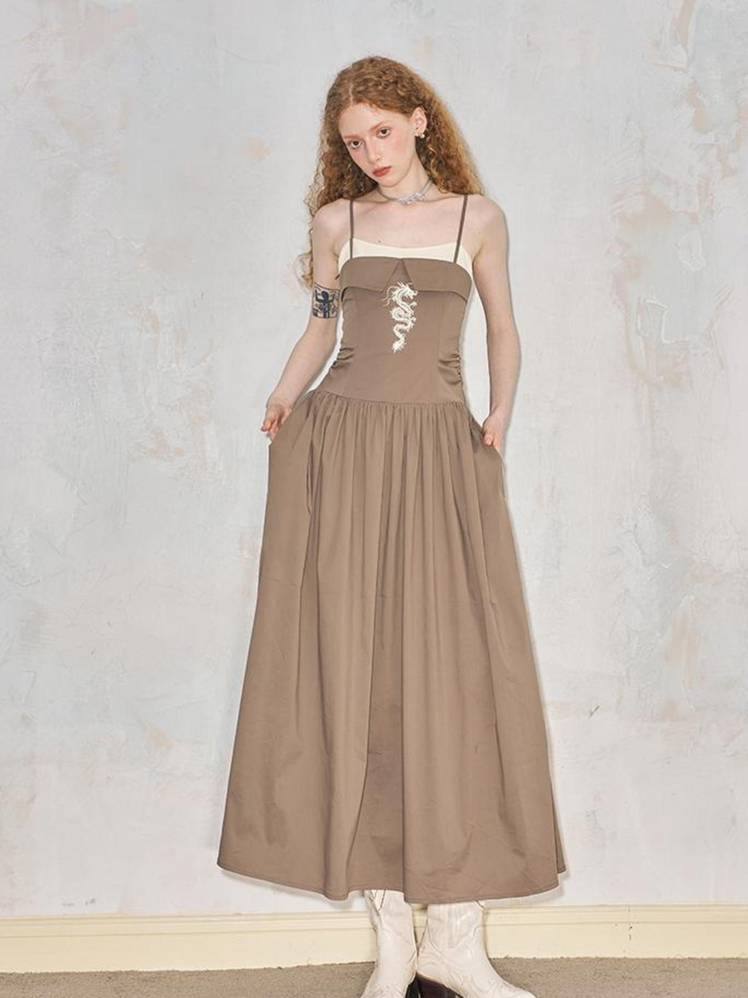 DIDDI MODA Dragon Print Fold Front Colorblock Maxi Dress