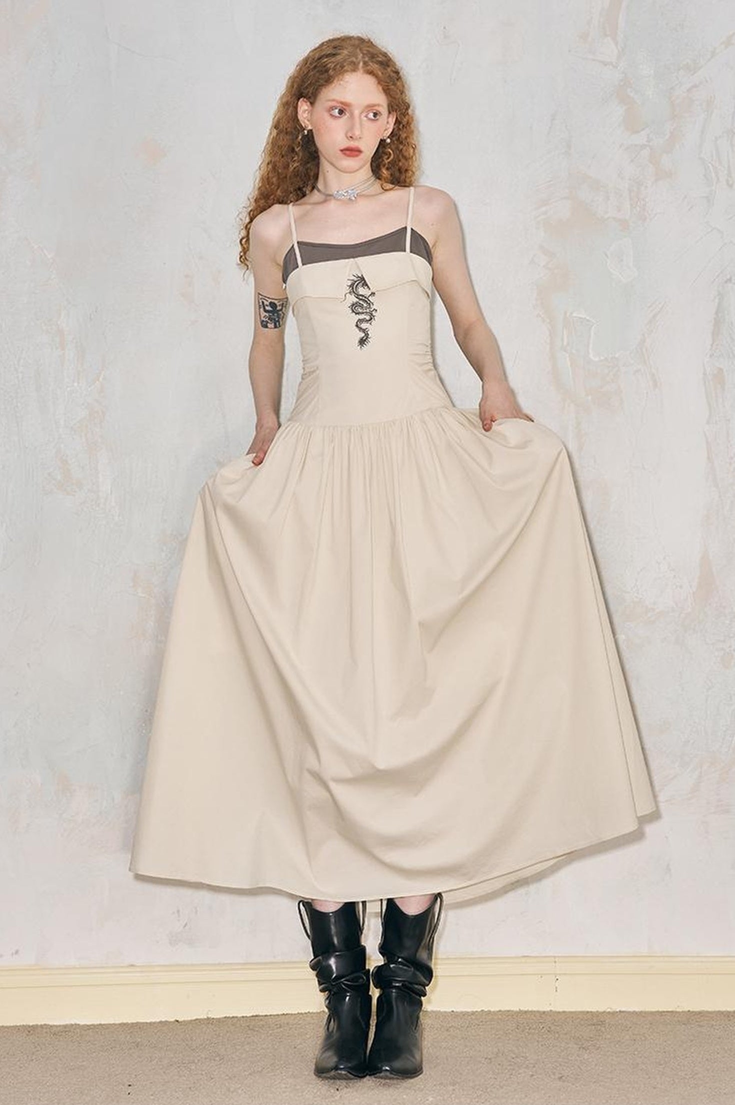 DIDDI MODA Dragon Print Fold Front Colorblock Maxi Dress