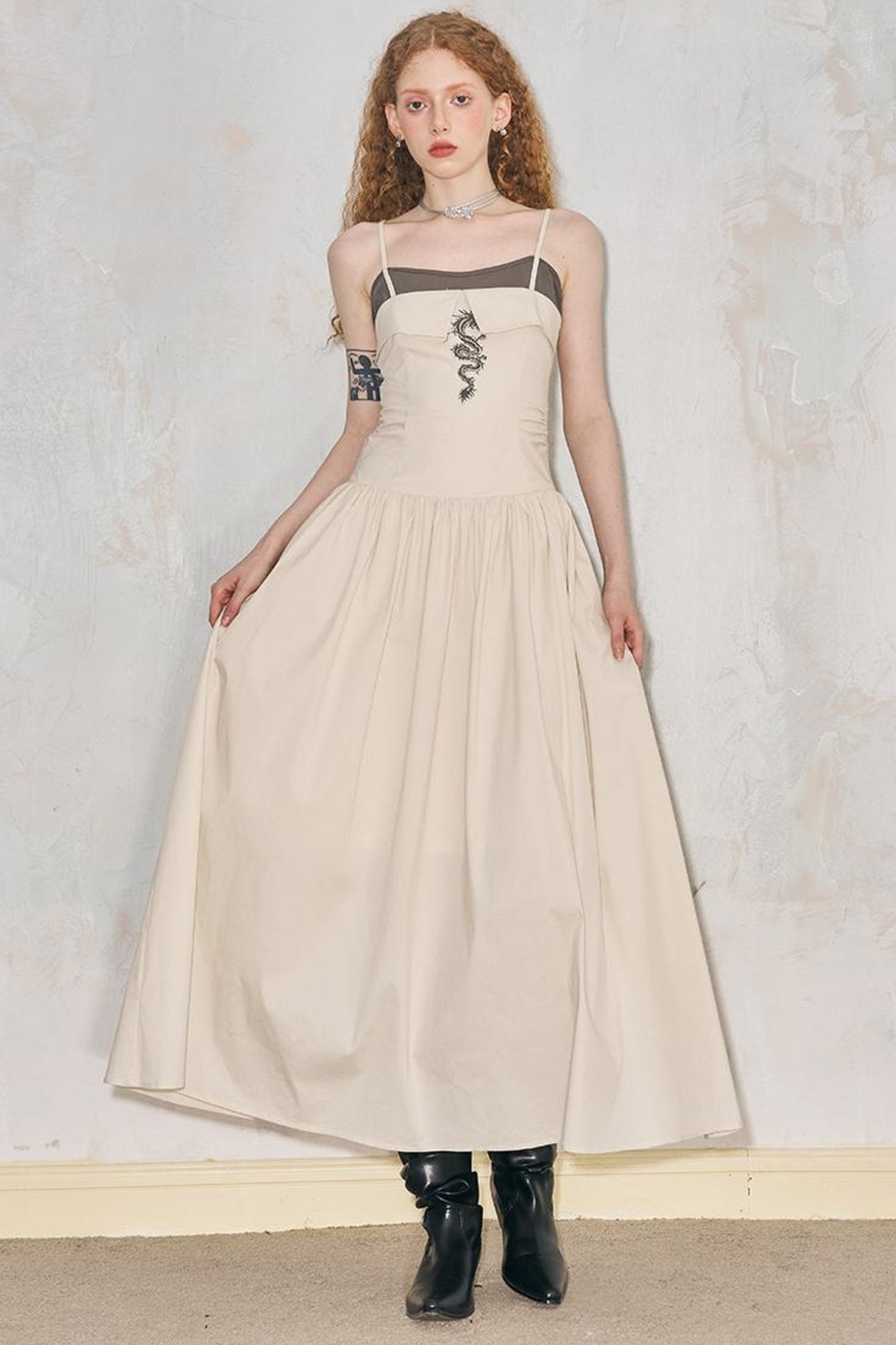 DIDDI MODA Dragon Print Fold Front Colorblock Maxi Dress