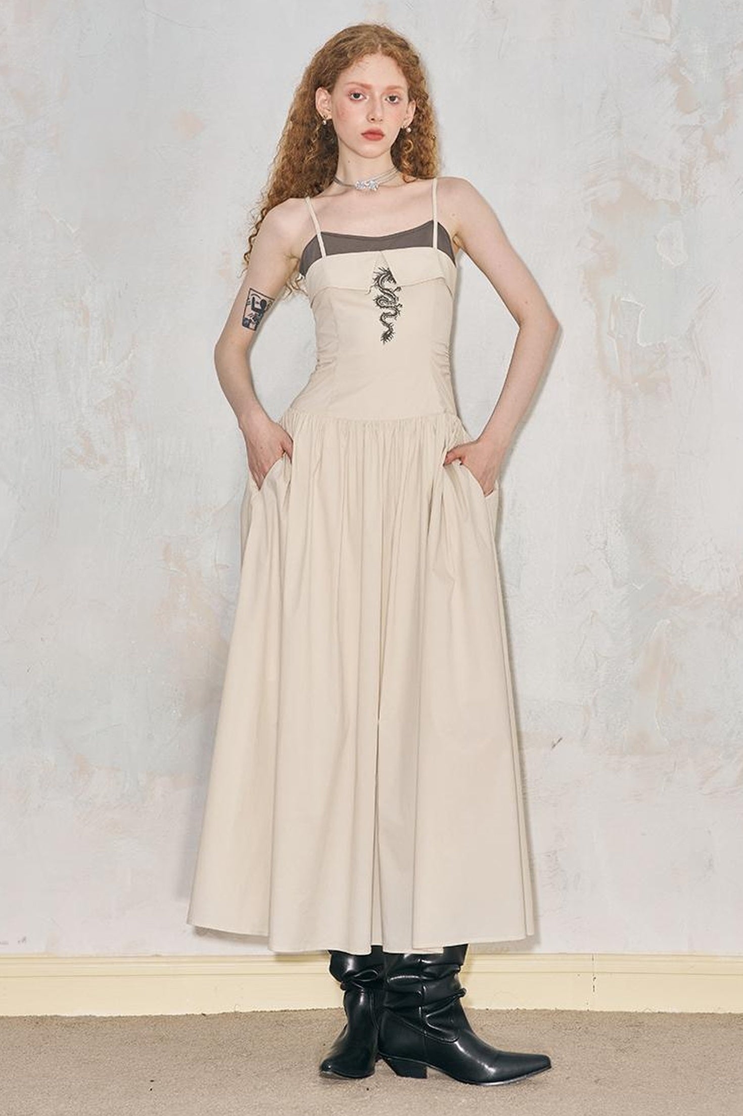 DIDDI MODA Dragon Print Fold Front Colorblock Maxi Dress