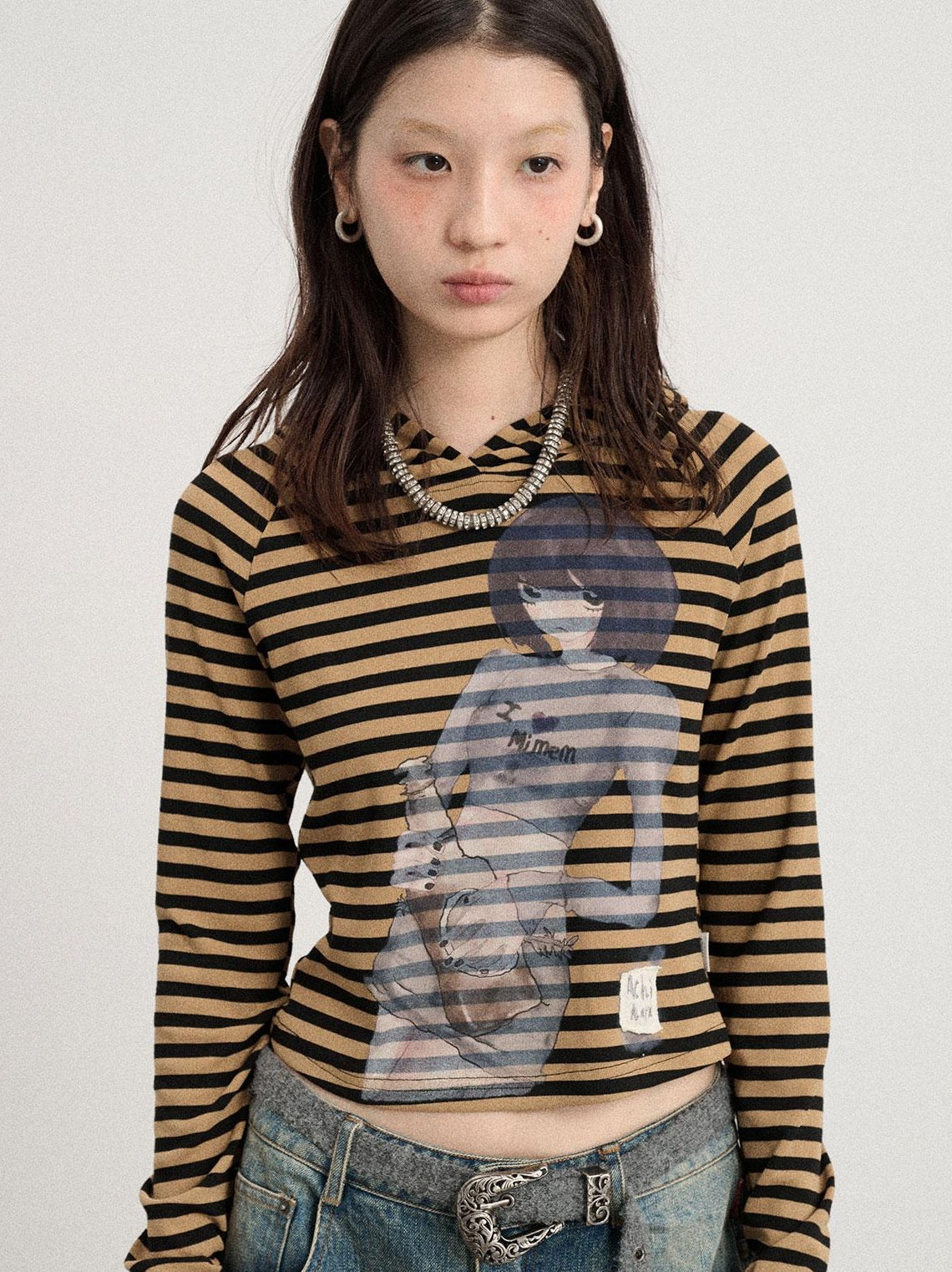 Achihara Drunk Mickey Stripes Long Sleeve Hooded T-Shirt