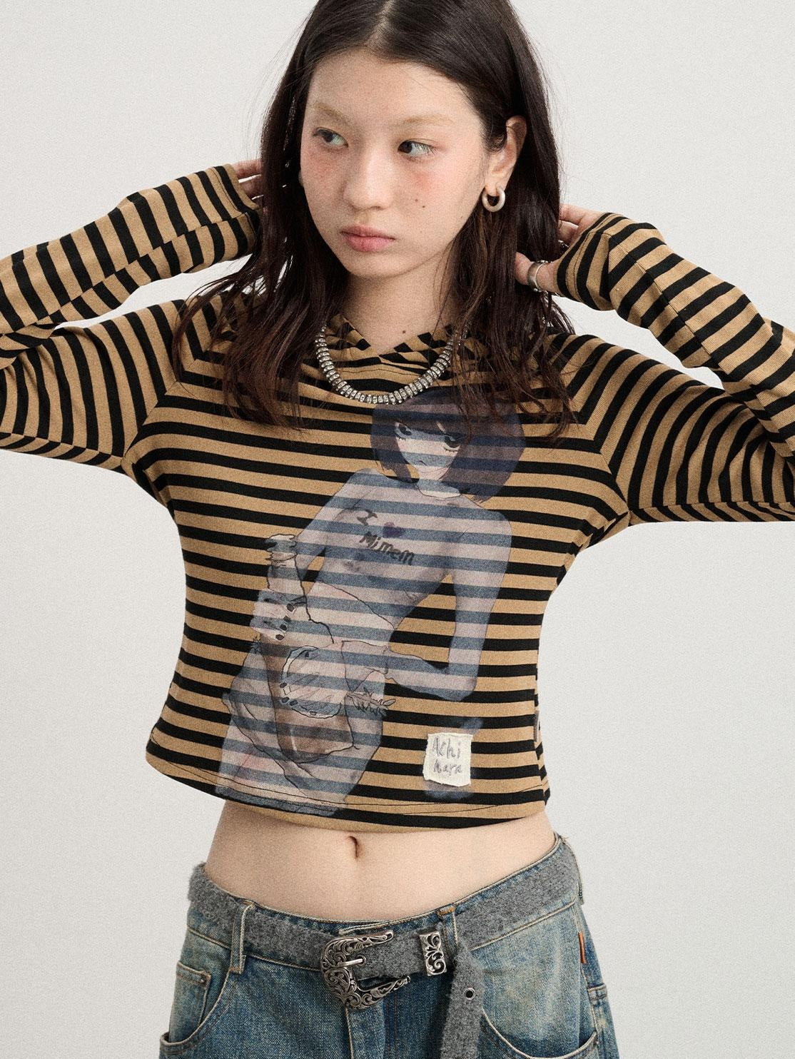Achihara Drunk Mickey Stripes Long Sleeve Hooded T-Shirt