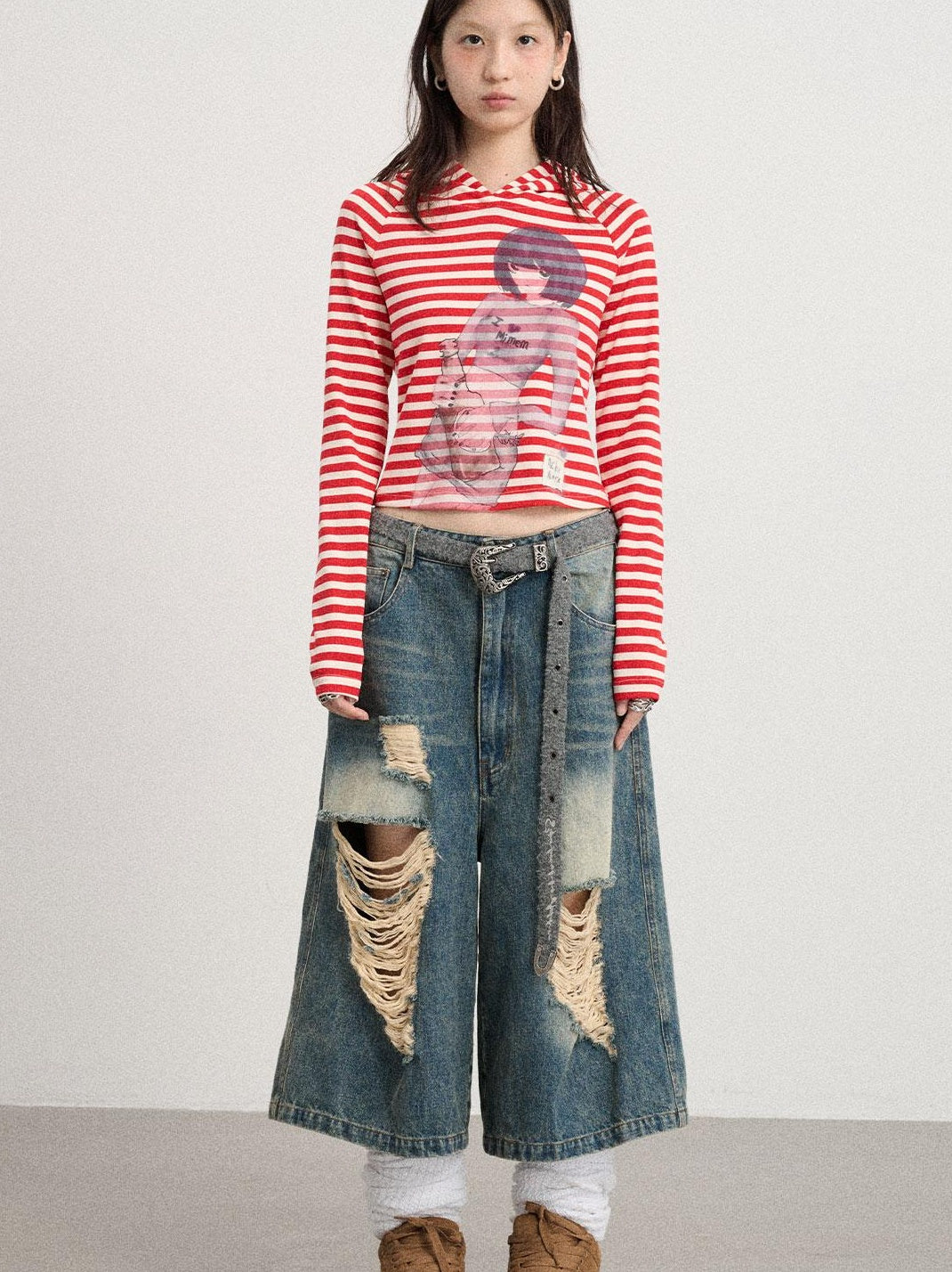 Achihara Drunk Mickey Stripes Long Sleeve Hooded T-Shirt