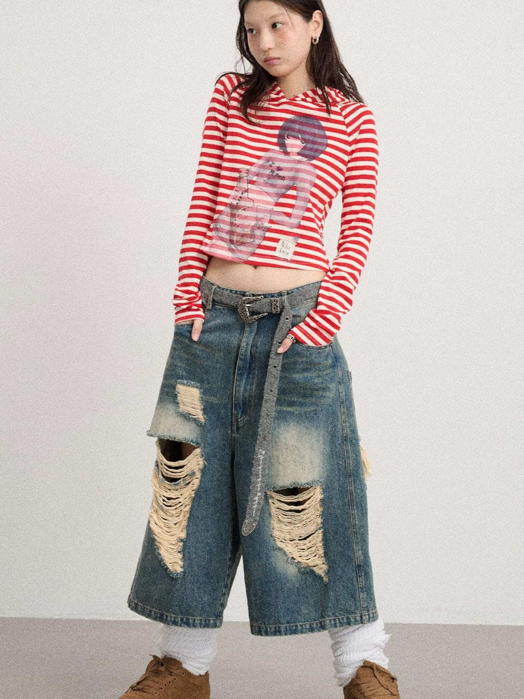 Achihara Drunk Mickey Stripes Long Sleeve Hooded T-Shirt