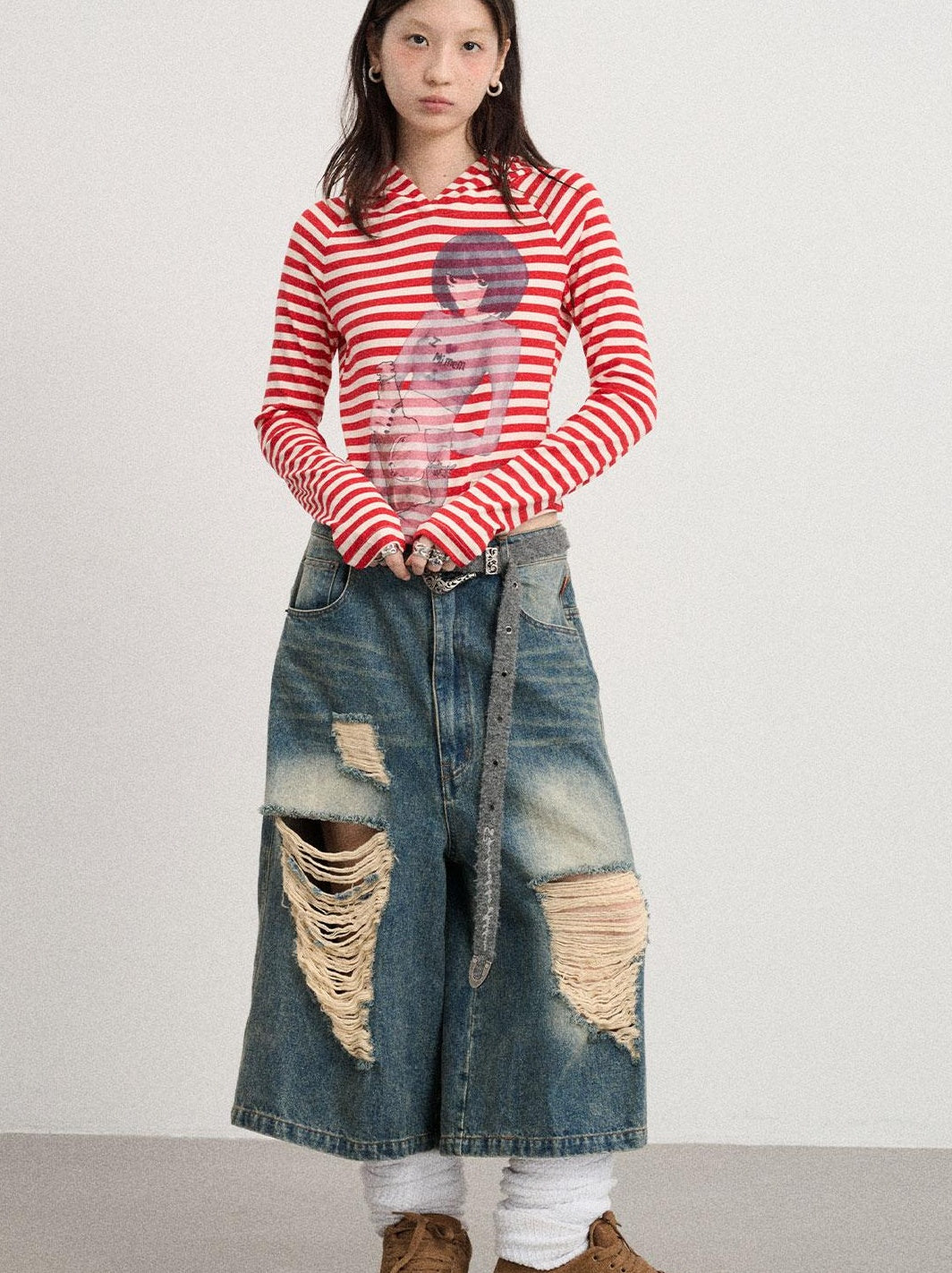 Achihara Drunk Mickey Stripes Long Sleeve Hooded T-Shirt