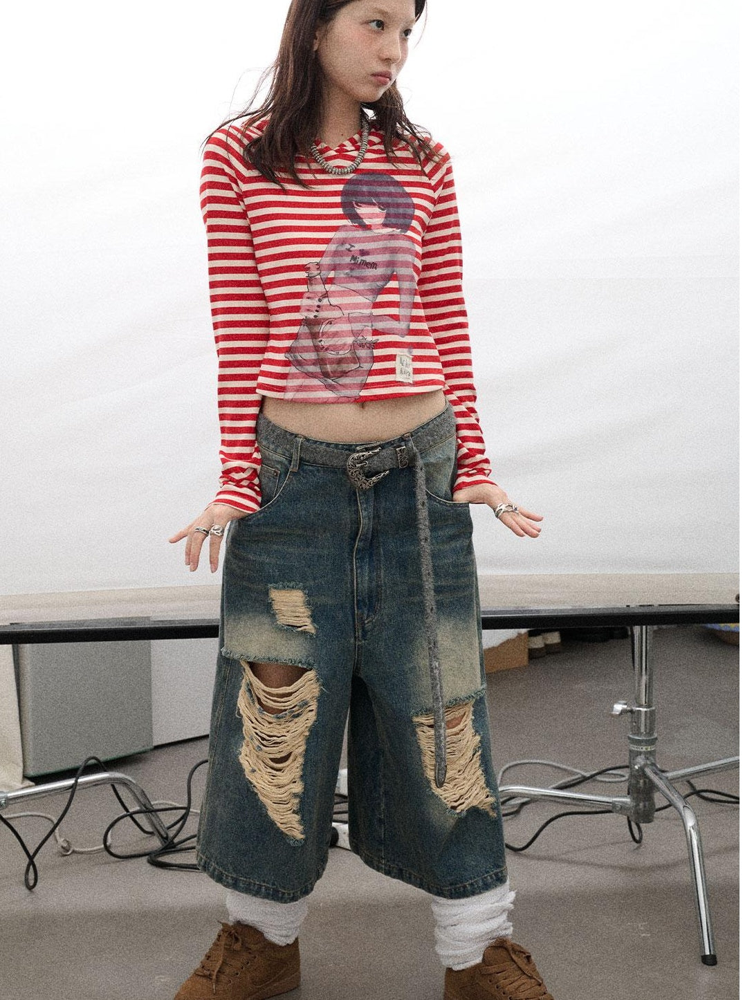 Achihara Drunk Mickey Stripes Long Sleeve Hooded T-Shirt