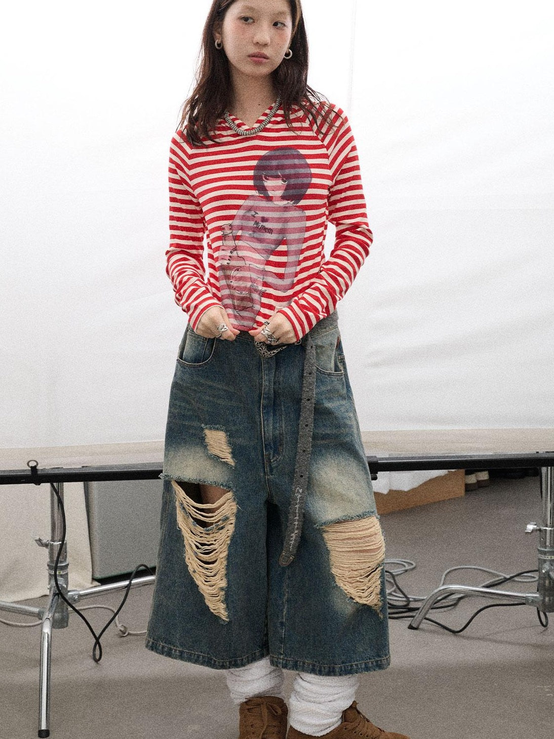 Achihara Drunk Mickey Stripes Long Sleeve Hooded T-Shirt