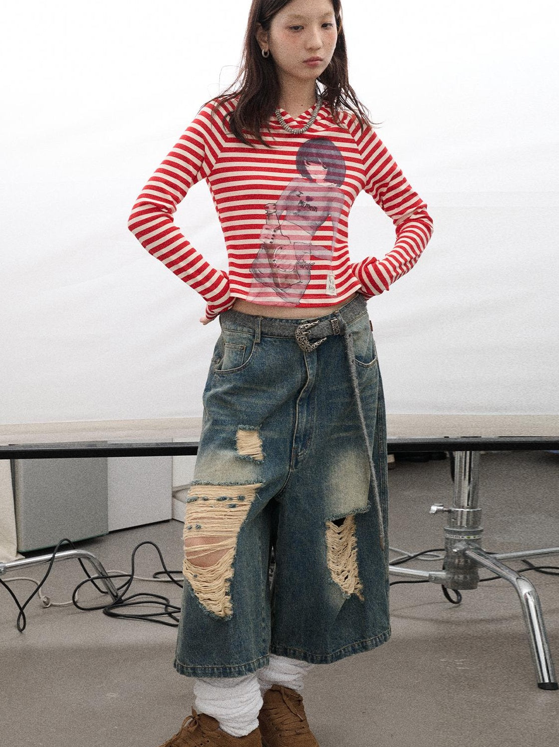 Achihara Drunk Mickey Stripes Long Sleeve Hooded T-Shirt