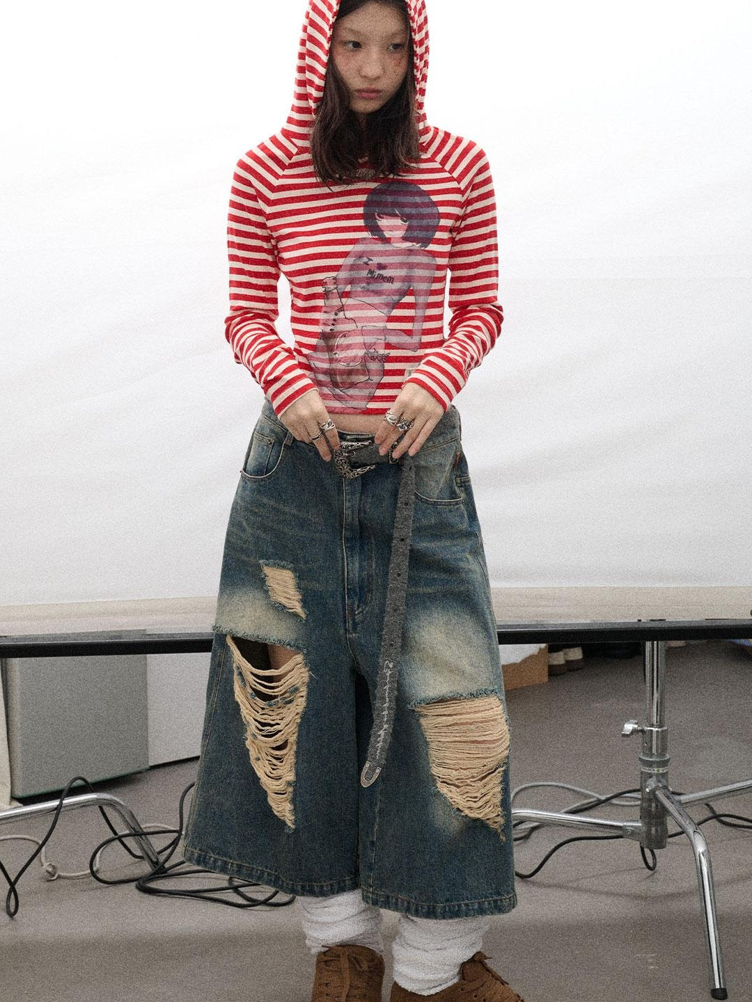 Achihara Drunk Mickey Stripes Long Sleeve Hooded T-Shirt