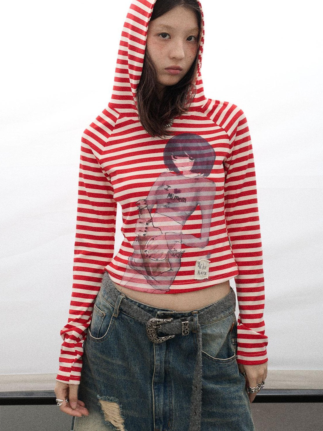 Achihara Drunk Mickey Stripes Long Sleeve Hooded T-Shirt