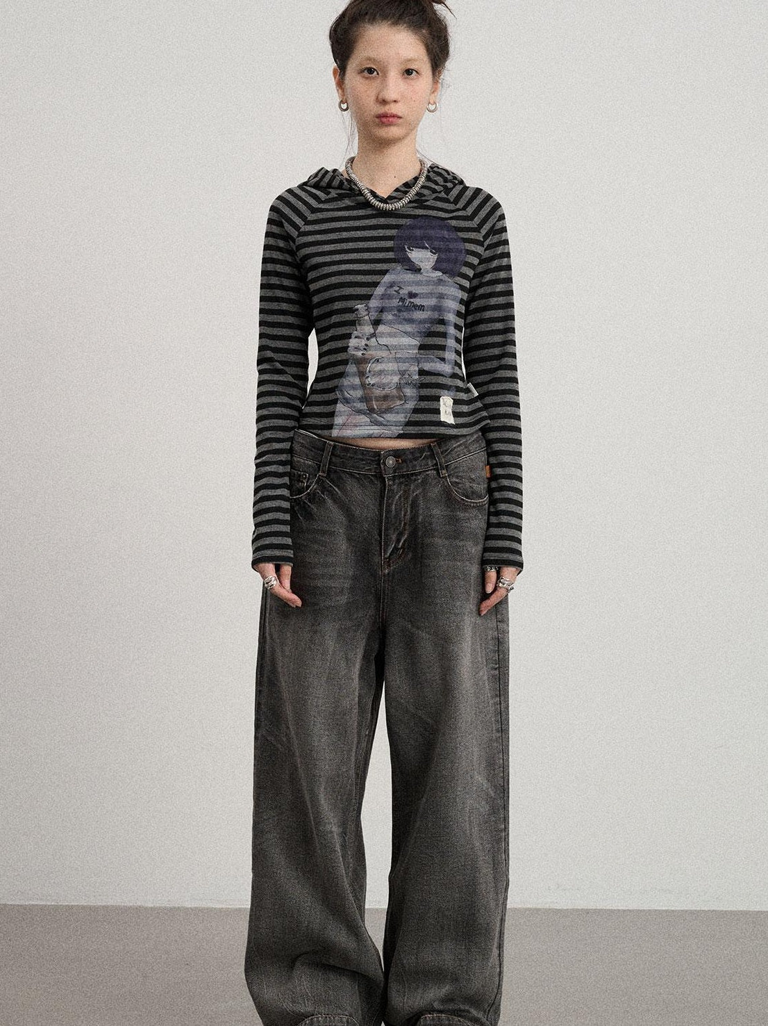 Achihara Drunk Mickey Stripes Long Sleeve Hooded T-Shirt