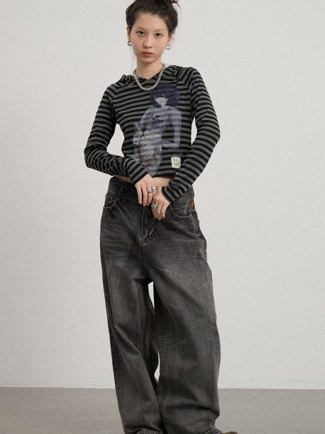 Achihara Drunk Mickey Stripes Long Sleeve Hooded T-Shirt