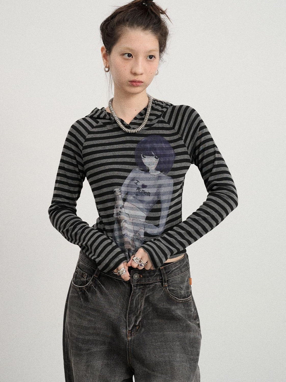 Achihara Drunk Mickey Stripes Long Sleeve Hooded T-Shirt
