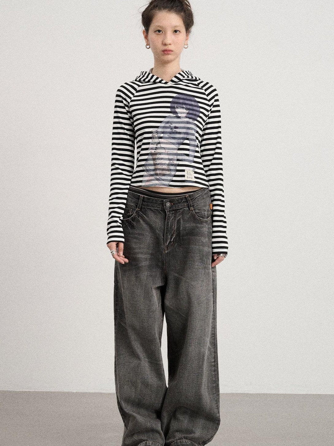 Achihara Drunk Mickey Stripes Long Sleeve Hooded T-Shirt