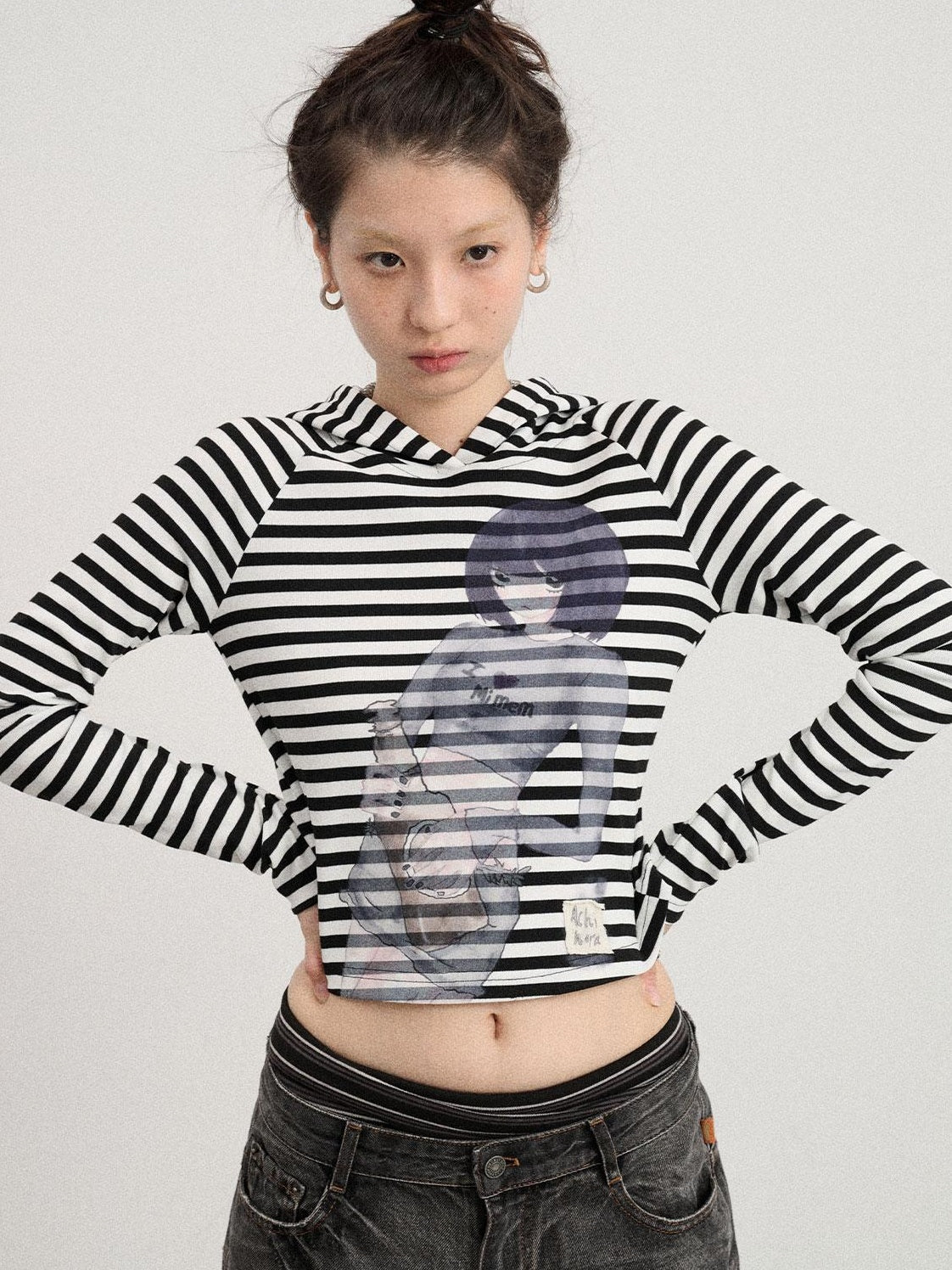 Achihara Drunk Mickey Stripes Long Sleeve Hooded T-Shirt