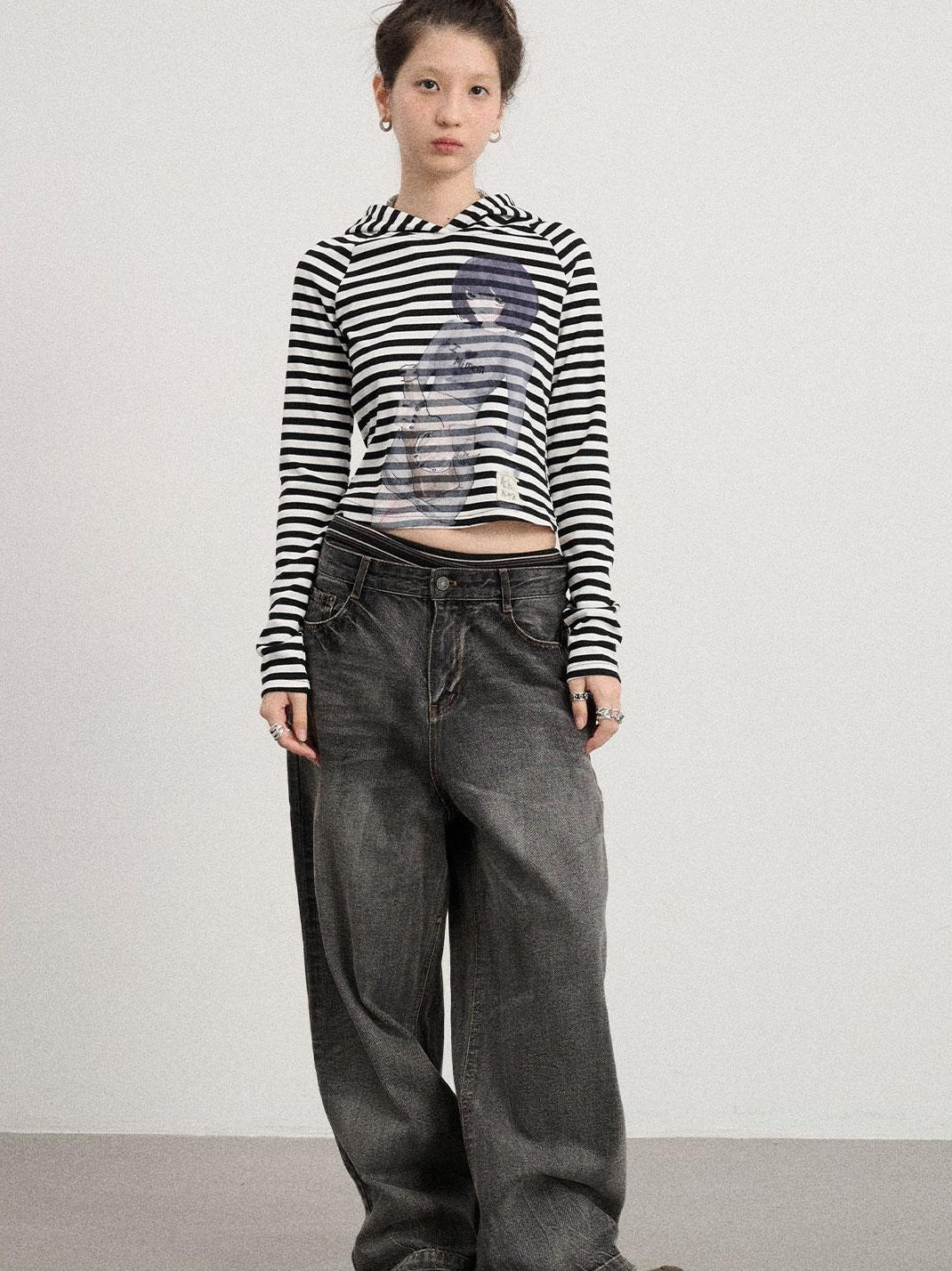 Achihara Drunk Mickey Stripes Long Sleeve Hooded T-Shirt