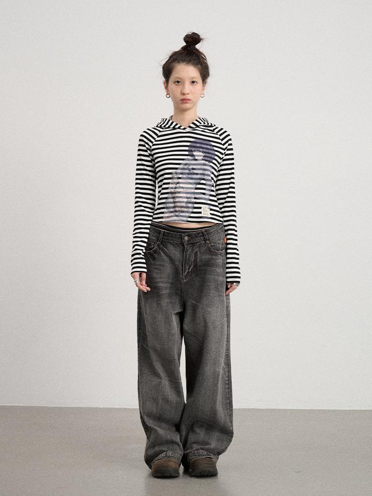 Achihara Drunk Mickey Stripes Long Sleeve Hooded T-Shirt