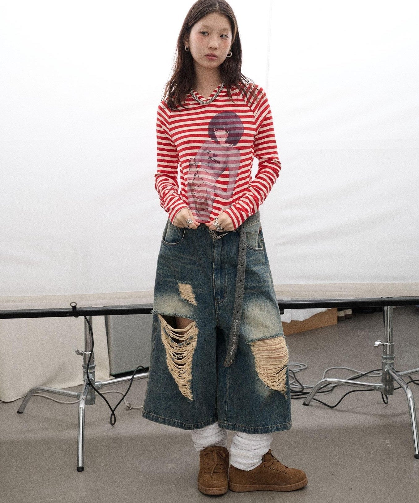 Achihara Drunk Minnie Striped Hoodie Tee