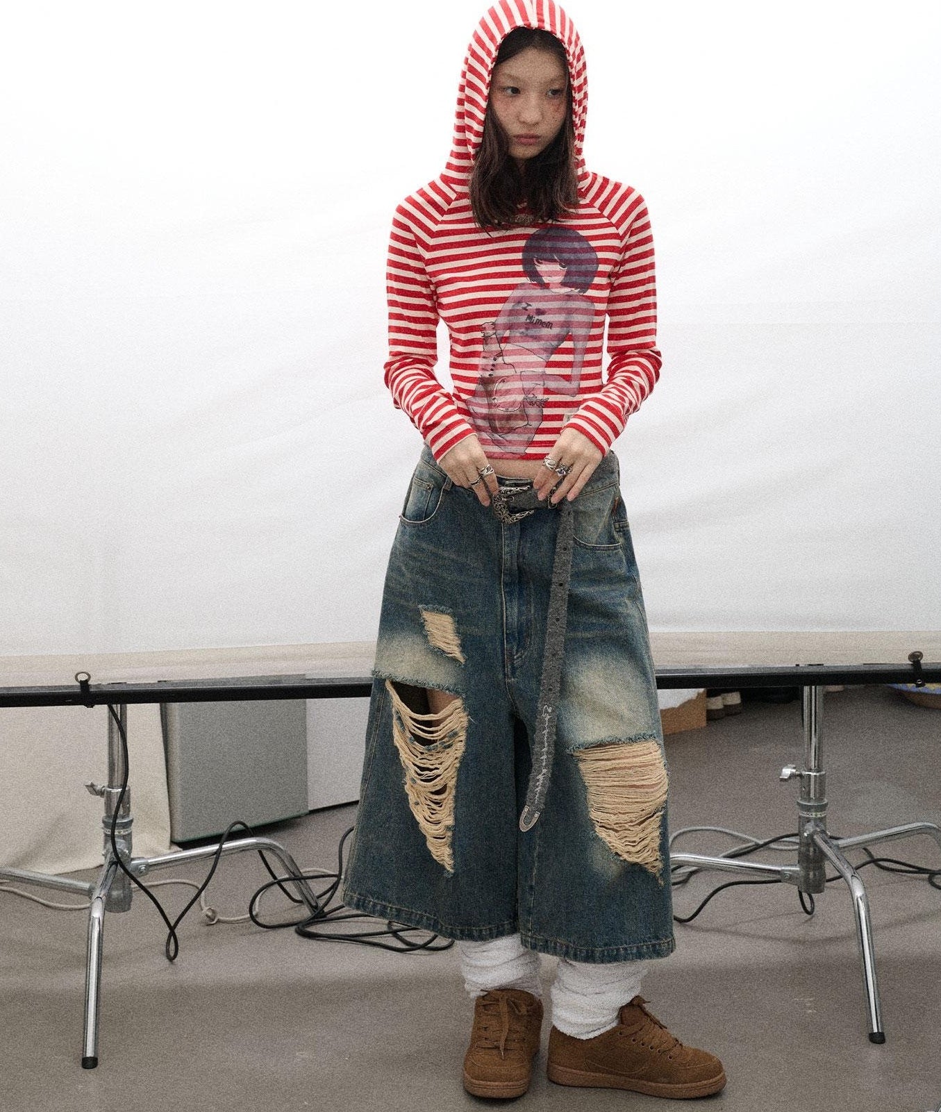 Achihara Drunk Minnie Striped Hoodie Tee