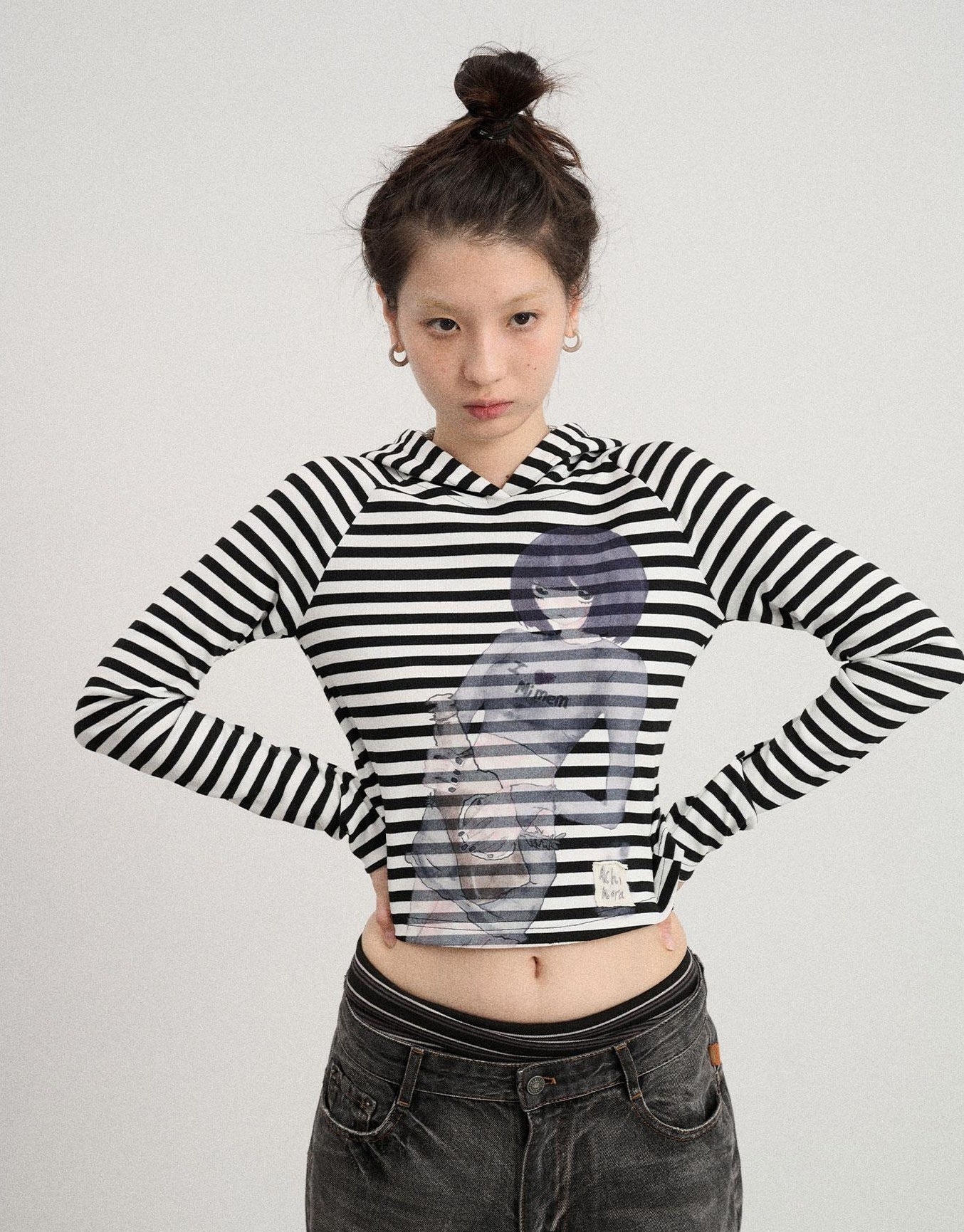 Achihara Drunk Minnie Striped Hoodie Tee