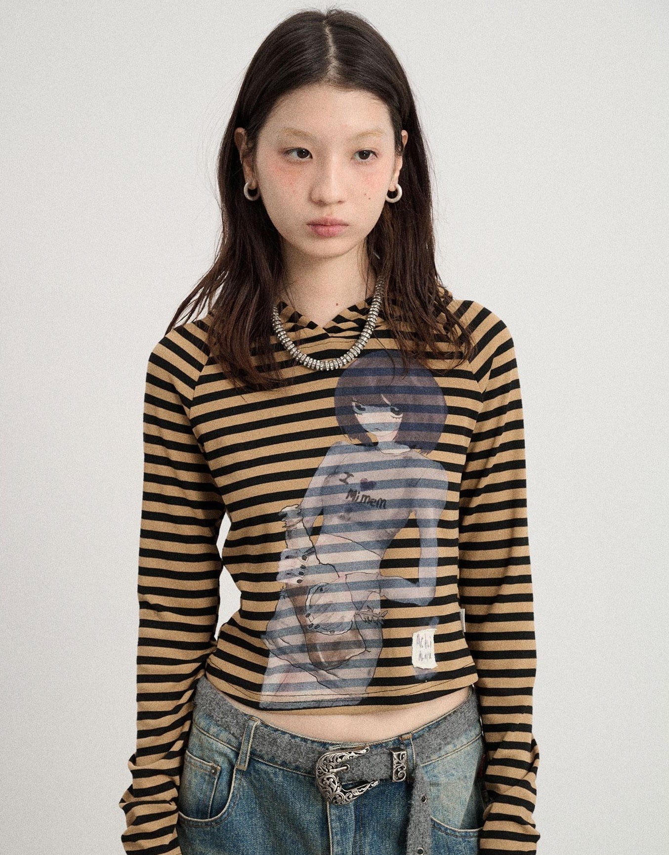 Achihara Drunk Minnie Striped Hoodie Tee