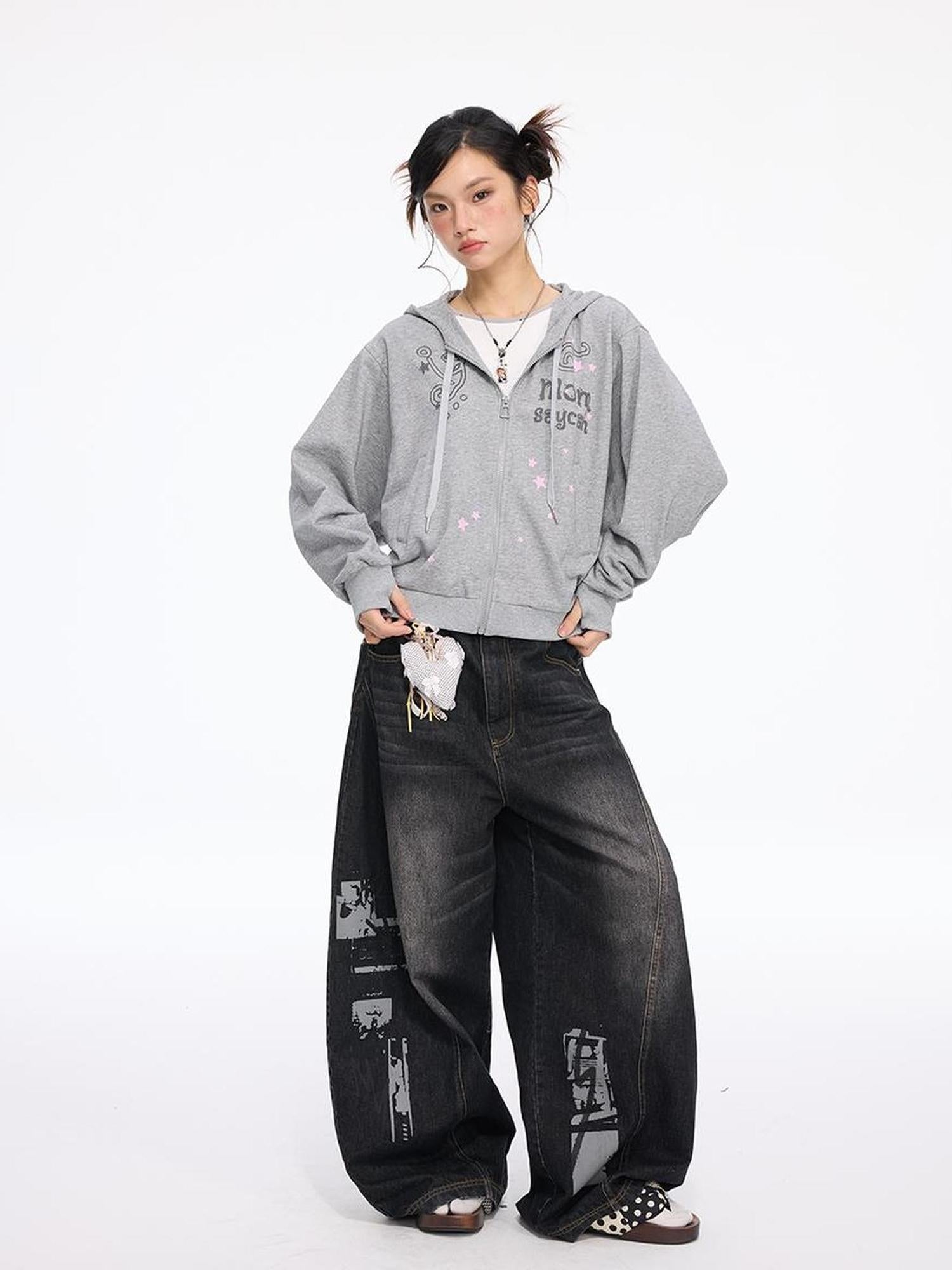 MOMSYCAN FOX LINE Early Autumn Loose Batwing Sleeve Printed Hooded Sweatshirt