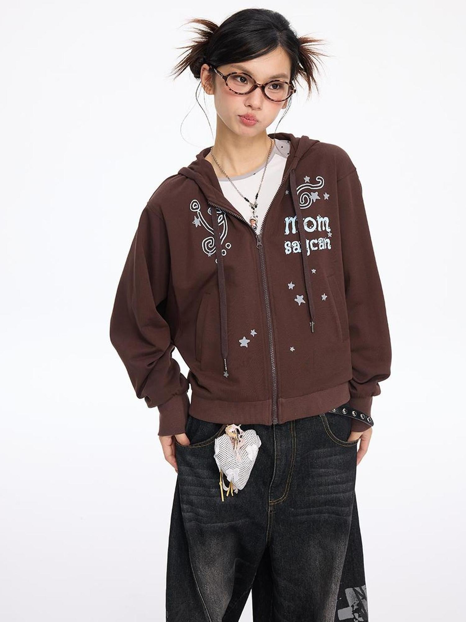 MOMSYCAN FOX LINE Early Autumn Loose Batwing Sleeve Printed Hooded Sweatshirt
